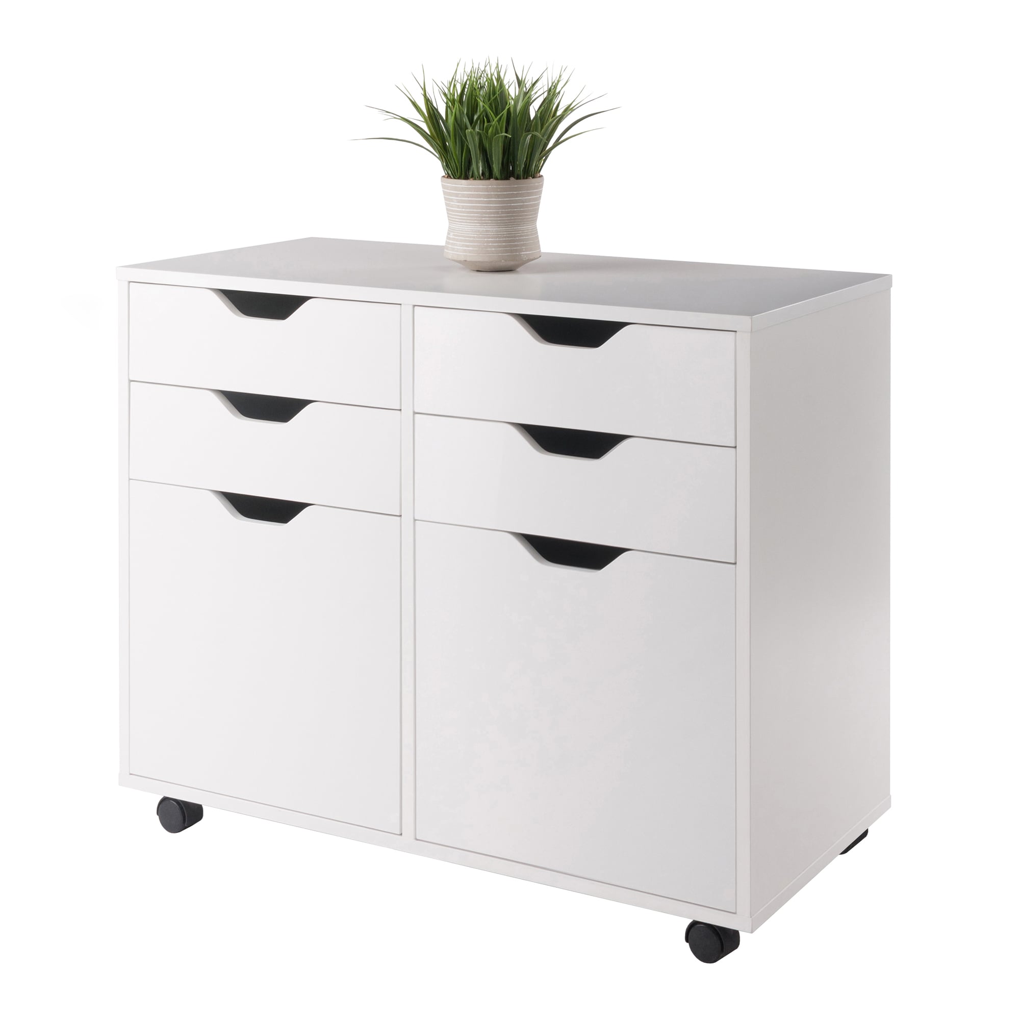 Modern White Composite Wood Mobile Storage Cabinet with Locking Wheels
