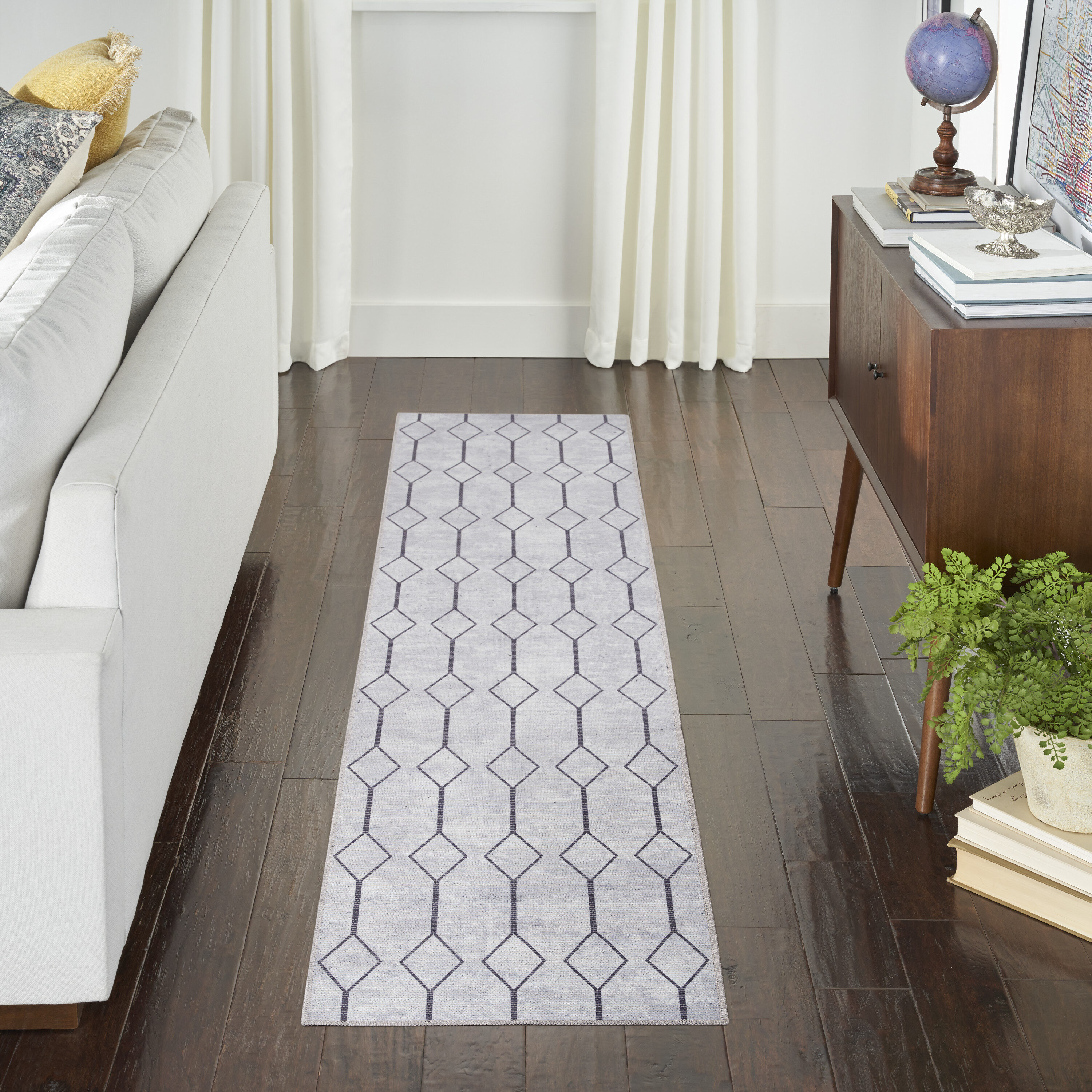 Nicole Curtis 099446163790 Machine Washable Series 1 2 x 8 (ft) Loomed Polyester Ivory/Grey Rectangular Indoor Geometric Mid-Century Modern Machine washable Runner rug