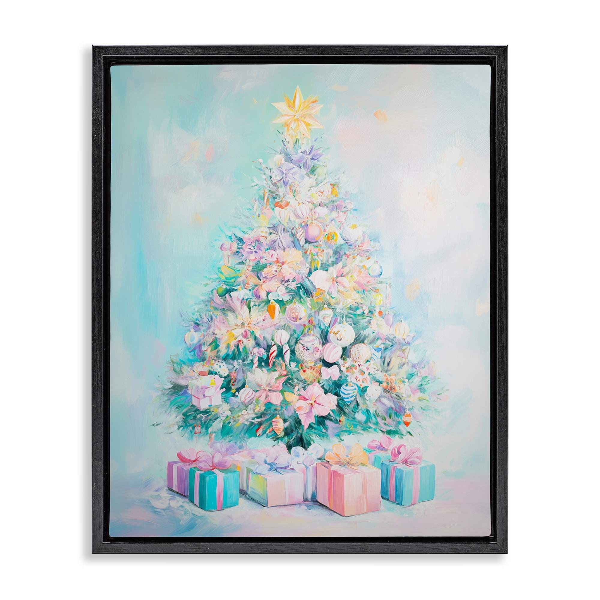 Stupell Industries BT-923-FFB-16X20 Pastel Christmas Tree on Blue Black Framed Floater Canvas Wall Art By Arlington Prints 17 x 21