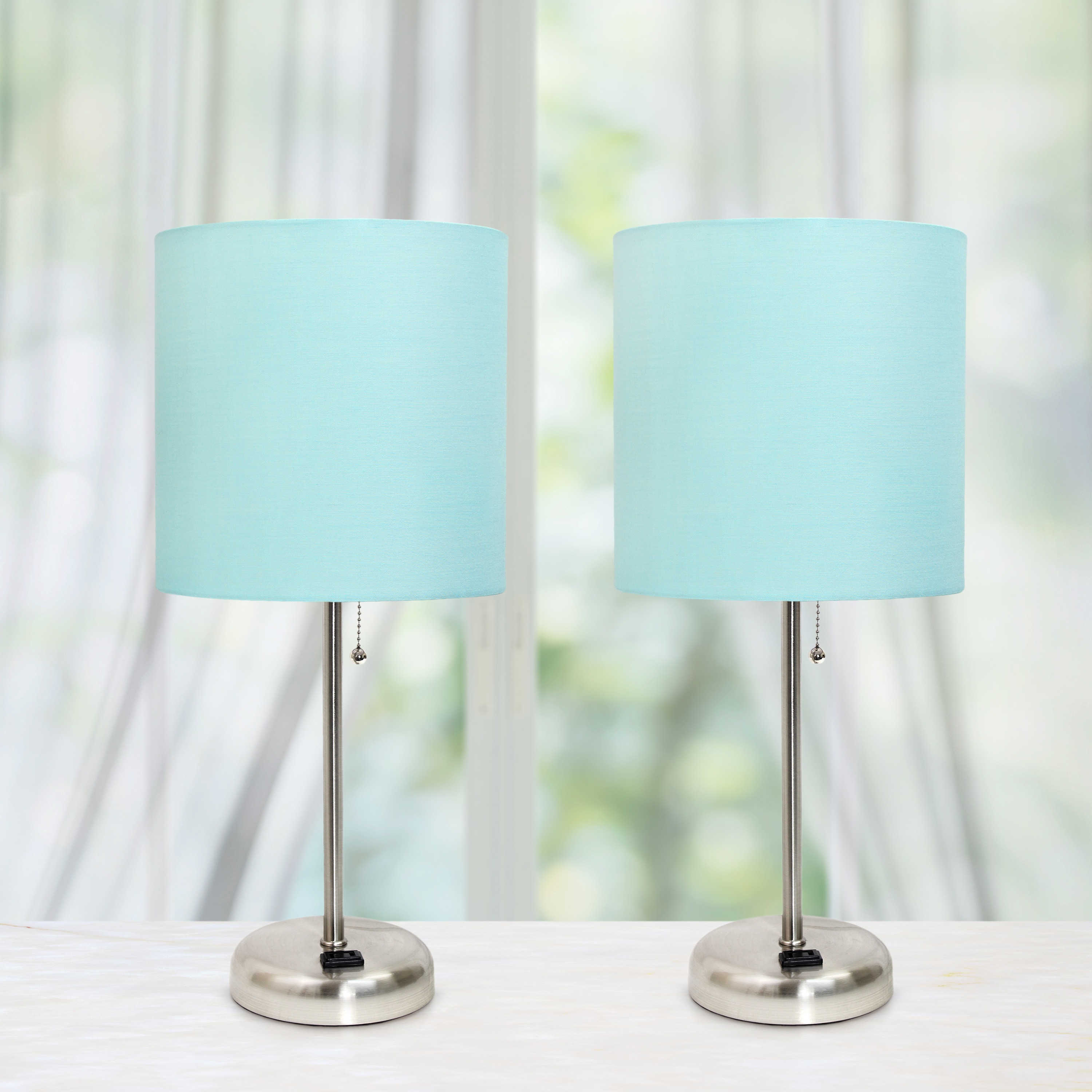 Aqua Fabric Shade Brushed Steel Table Lamp Set with Charging Outlet