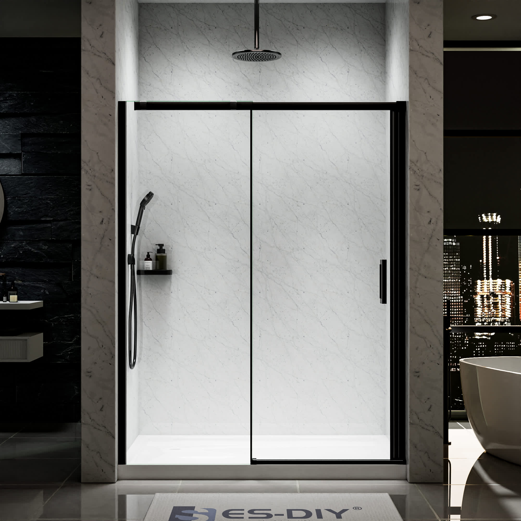 ExBrite 56-60 in. W x 74 in. H Sliding Semi Frameless Shower Door in Matte Black with 5/16 in. (8 mm) Tempered Clear Glass