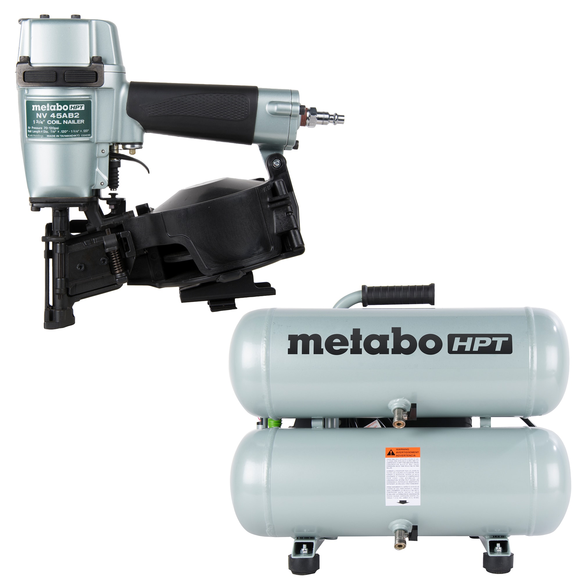 Metabo HPT 15-Degree Pneumatic Roofing Nailer with 4-Gallon Single Stage Portable Electric Twin Stack Air Compressor