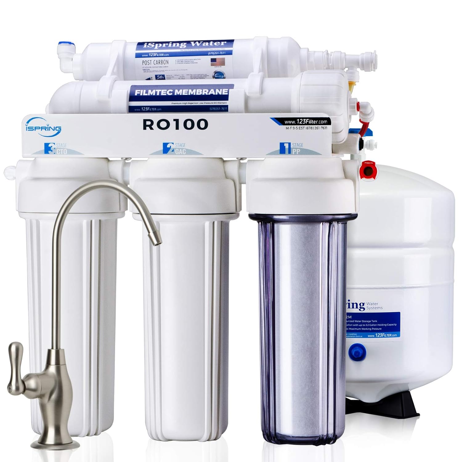 iSpring RO100 5-stage Membrane Reverse Osmosis Filtration Under Sink Water Filtration System with Brushed Nickel Faucet