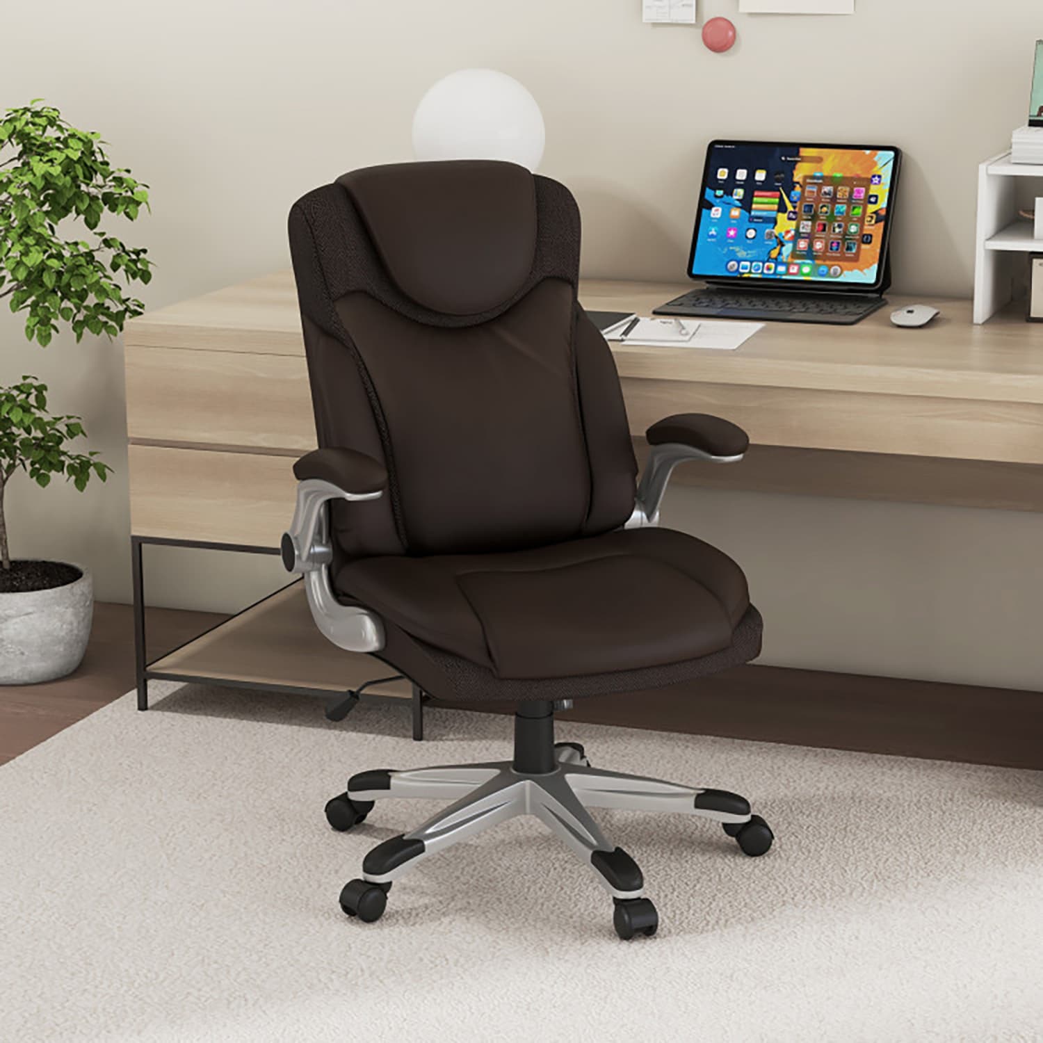 GZMR GZ-MH830696 Brown Contemporary Ergonomic Adjustable Height Swivel Leather Executive Chair