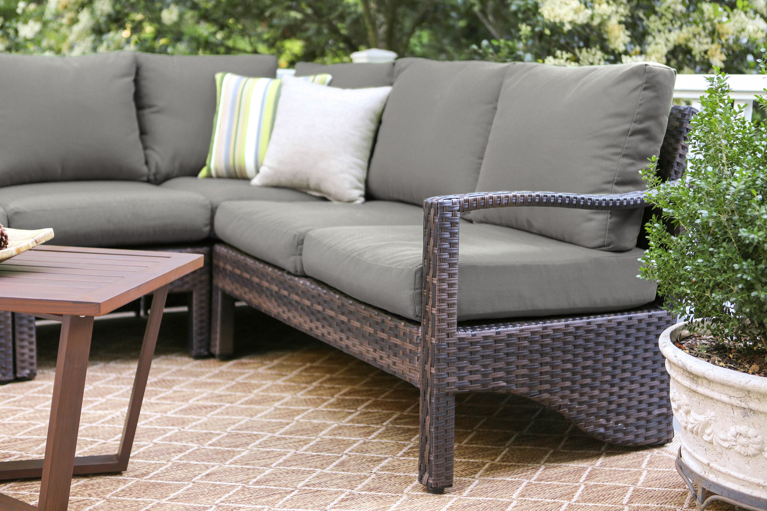 Leisure Made Augusta Wicker Outdoor Sectional with Gray Cushions and ...