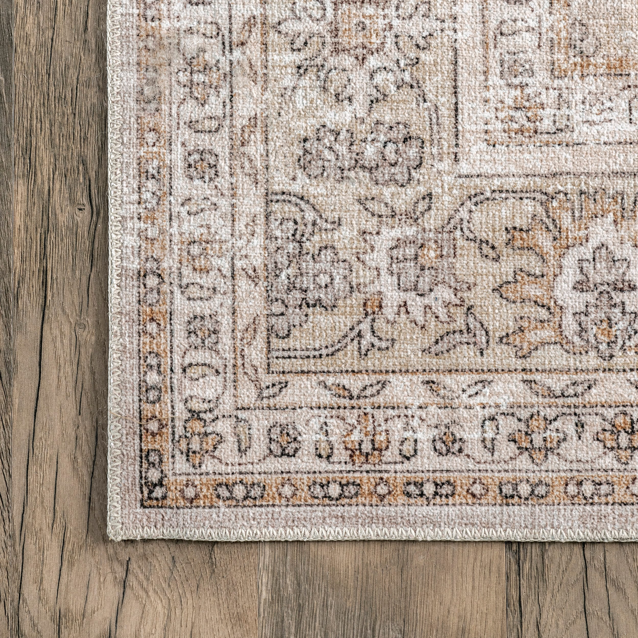 Beige Floral Machine Washable Stain-Resistant Area Rug