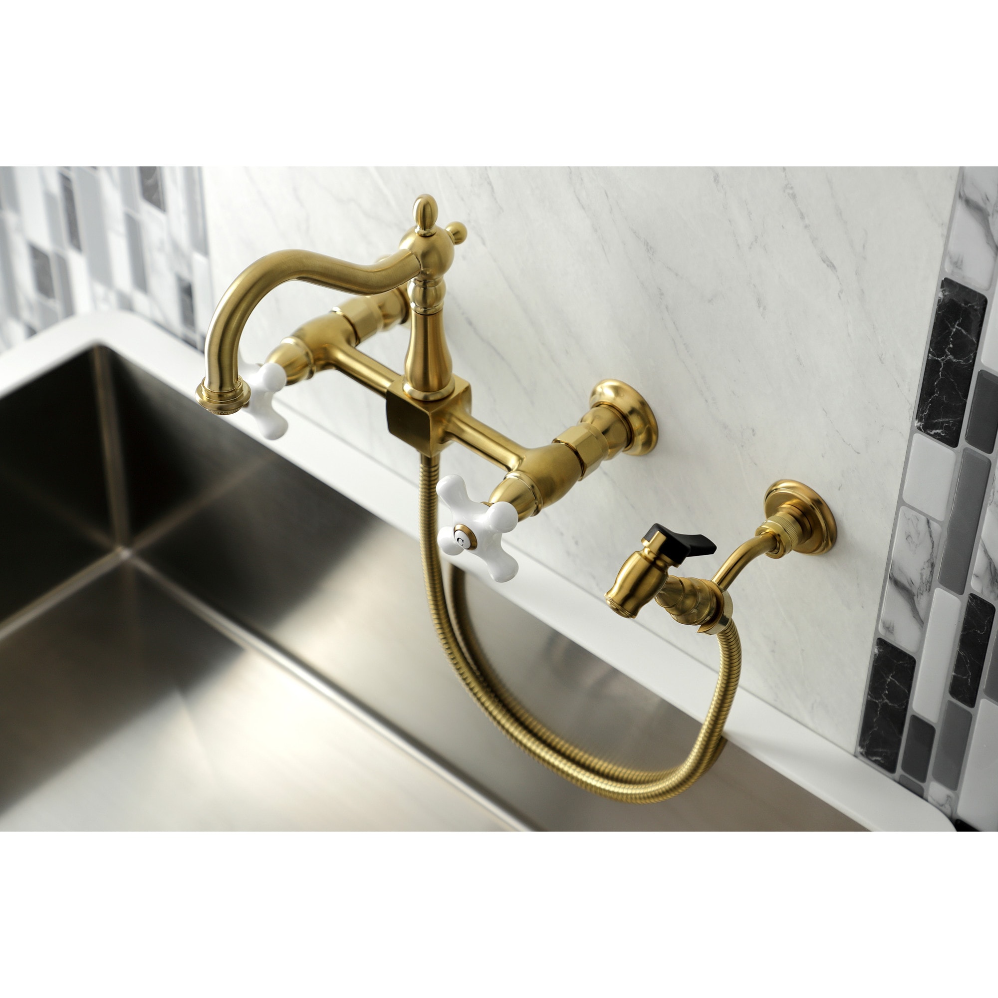 Kingston Brass WLKS1267PXBS Heritage Brushed brass Double Handle Wall-mount Kitchen Faucet with Sprayer ( Side Sprayer Included )