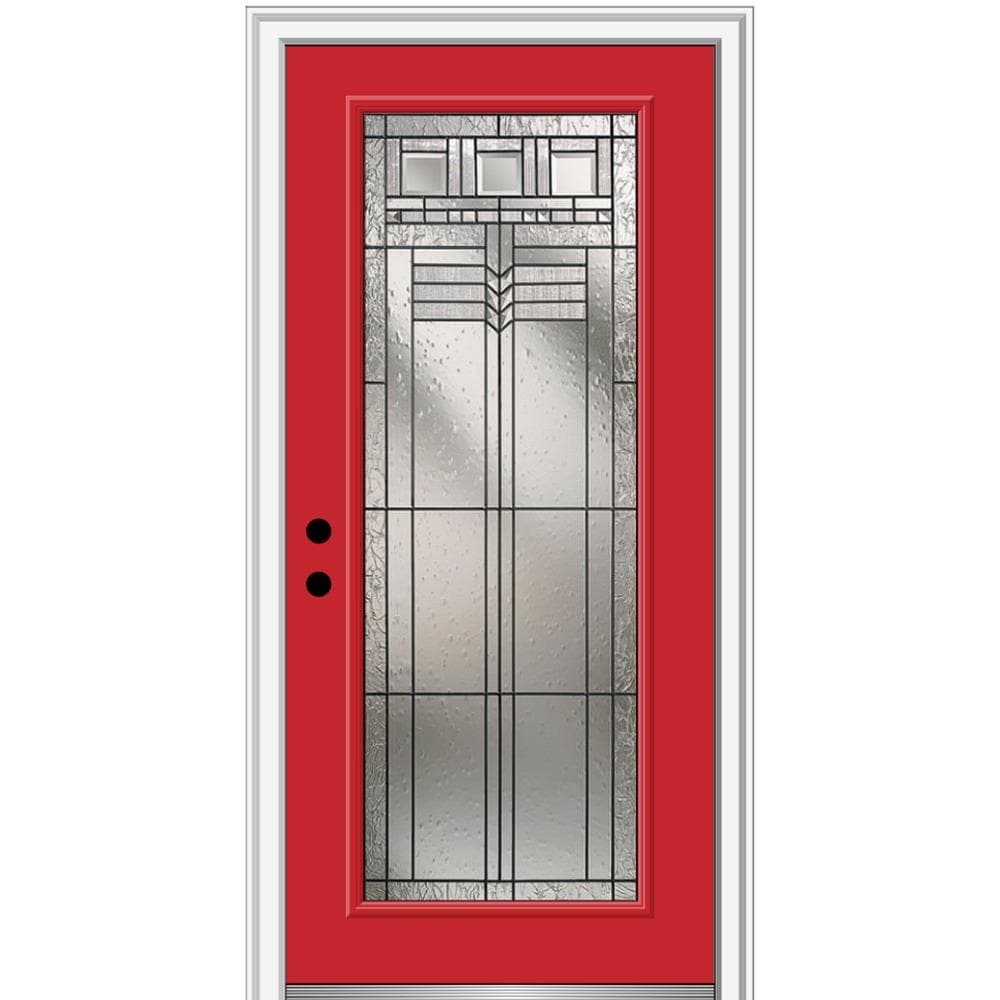 MMI DOOR ZZ3664140R 32-in x 80-in x 4-9/16-in Fiberglass Full lite Right-hand inswing Red Saffron Painted Prehung Front Door with Brickmould Insulating core