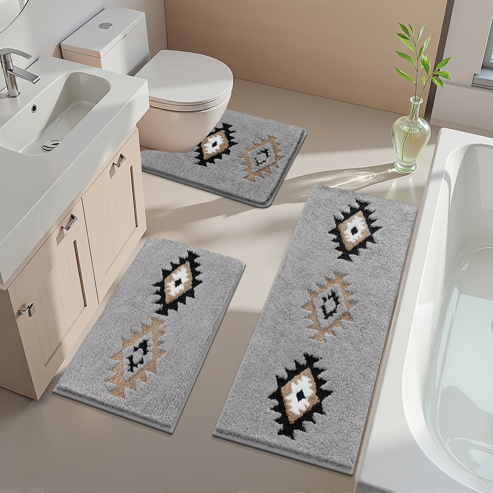 HEBE  Bathroom Rugs Sets 3 Piece-Non Slip Bathroom Mats Extra Soft Chenille Bath Rugs