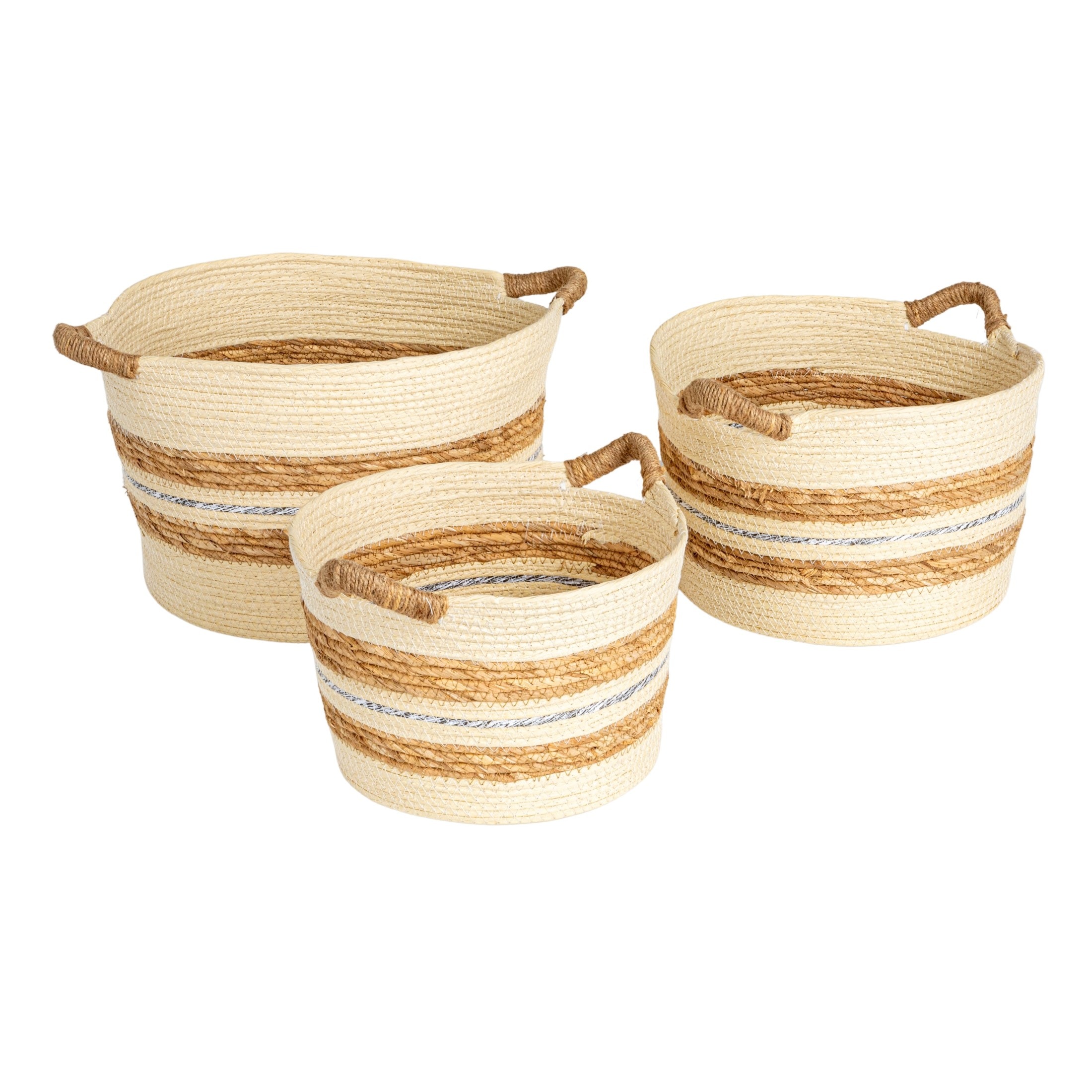Household Essentials Handwoven Corded Paper and Cattail Striped Baskets with Handles Natural Set of 3 #HE1228