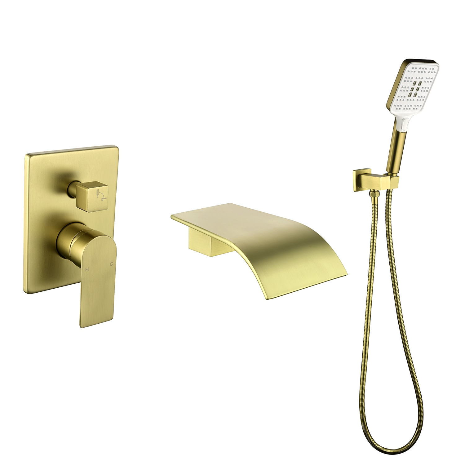 WELLFOR SPA-88020BG Brushed Gold 1-handle Wall-mount Waterfall Bathtub Faucet with Hand Shower ( Valve Included )