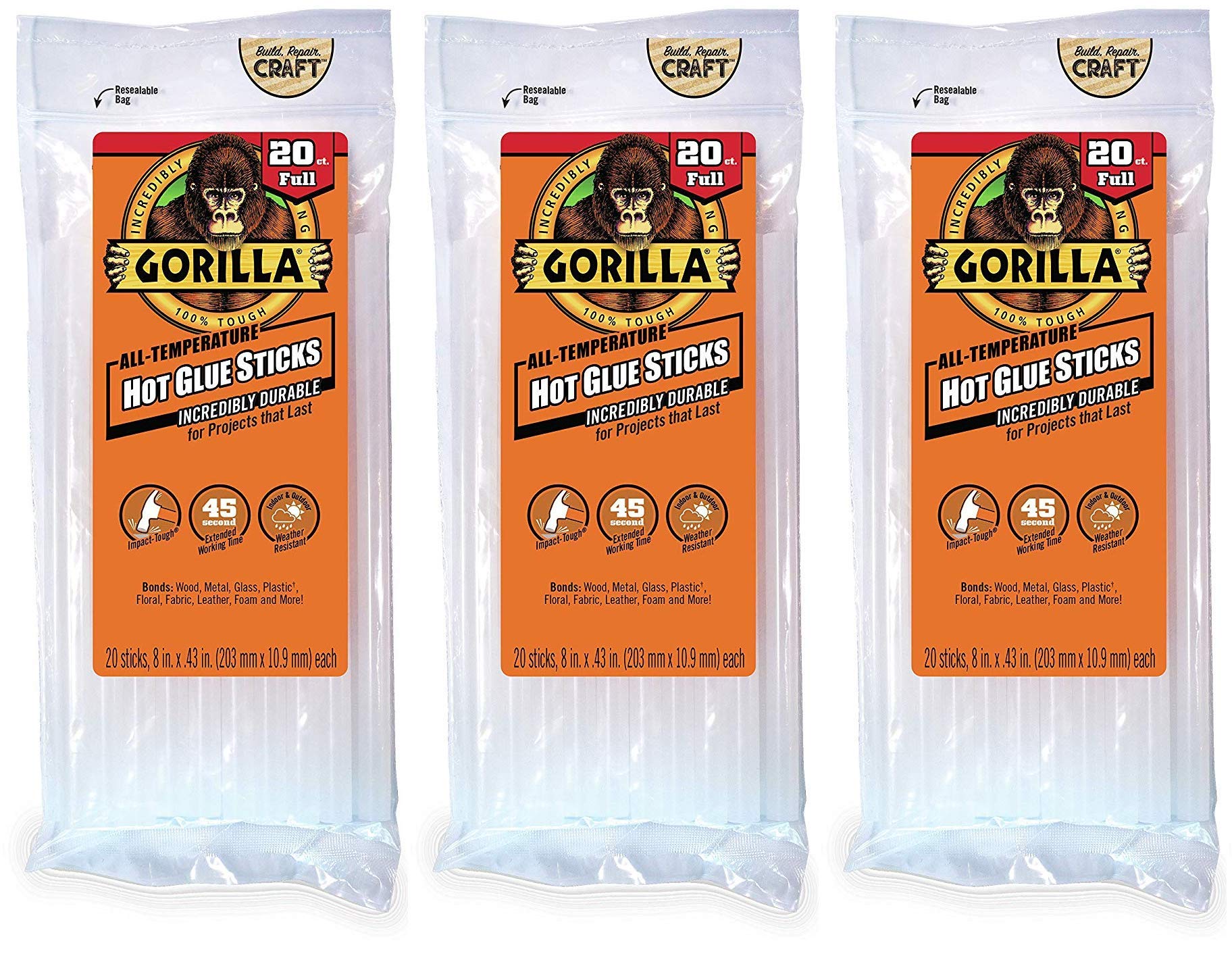 Gorilla  Hot Glue Sticks Clear Glue Full Size 8 Long x 0.43 Diameter 20 Count - Safe for All Temperatures with Extended Working Time (Pack of 3)