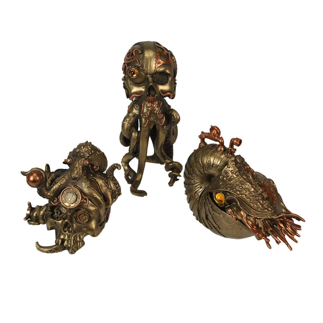 Zeckos ZKO-99061-3-5-SET Steampunk Nautilus and Octopus Skull Statues - Retro-Futuristic Oceanic Sculptures