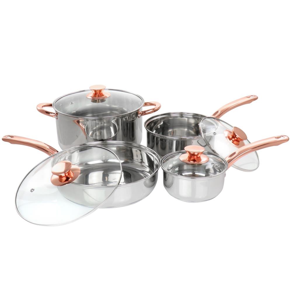 BergHOFF Stainless Steel Cookware Set with Rose Gold Handles, 11