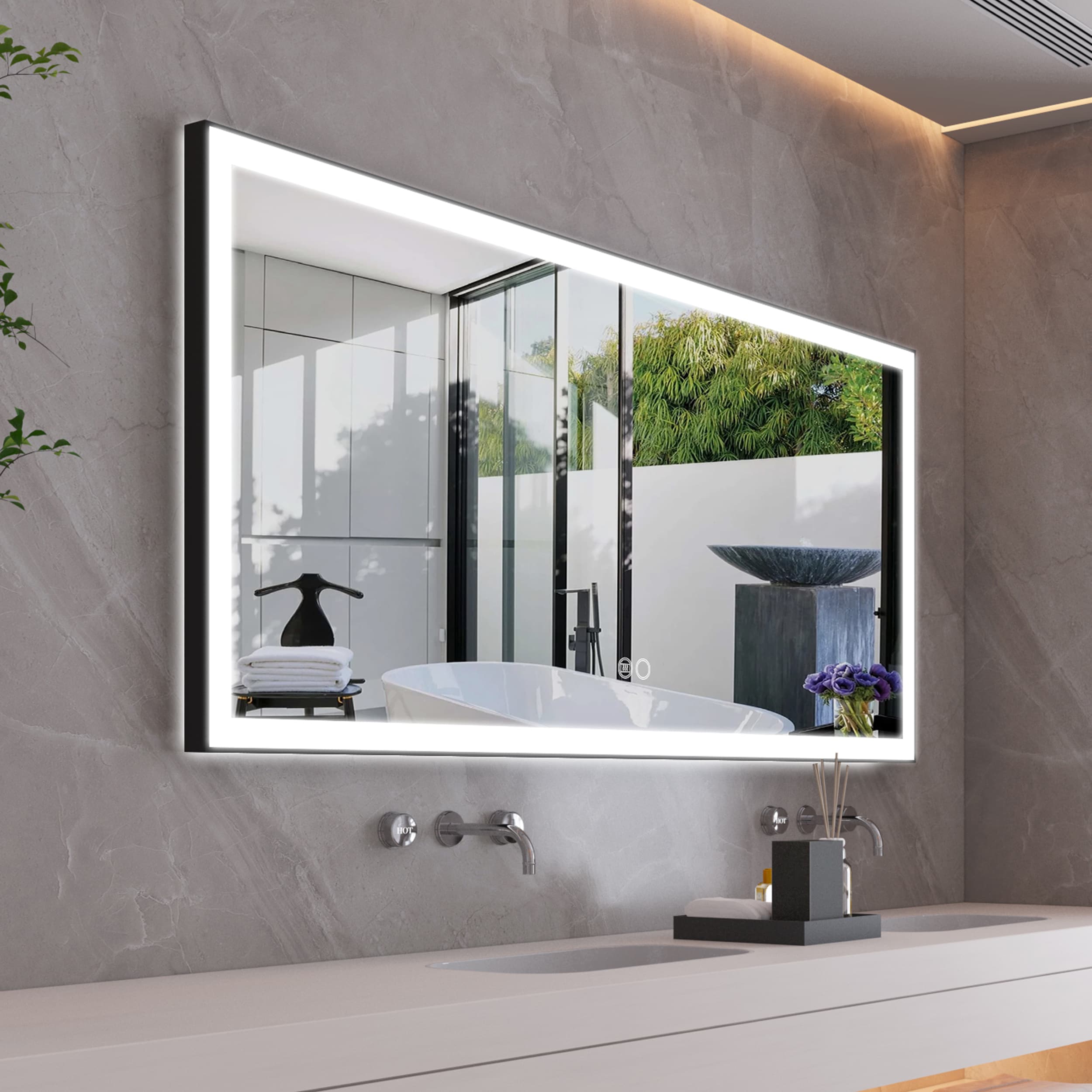 Forclover JSEXJT6036-BB 72-in x 36-in Framed Rectangle Dimmable Lighted Fog Free Bathroom Vanity Mirror ( Black )