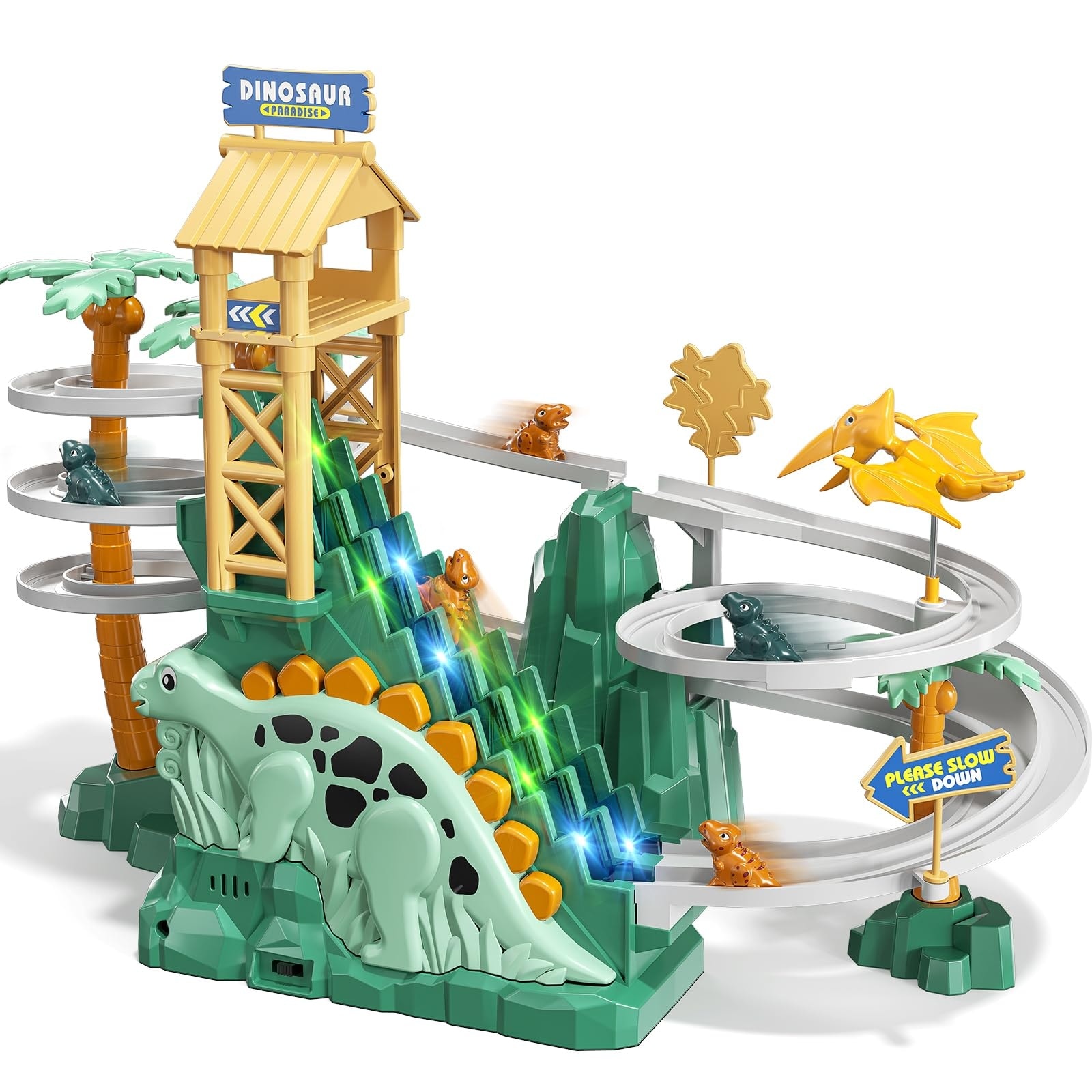 Etokfoks -  Dinosaur Playset with Light Sound Effects Interactive Toy Slide Car Tracks Stairway A...