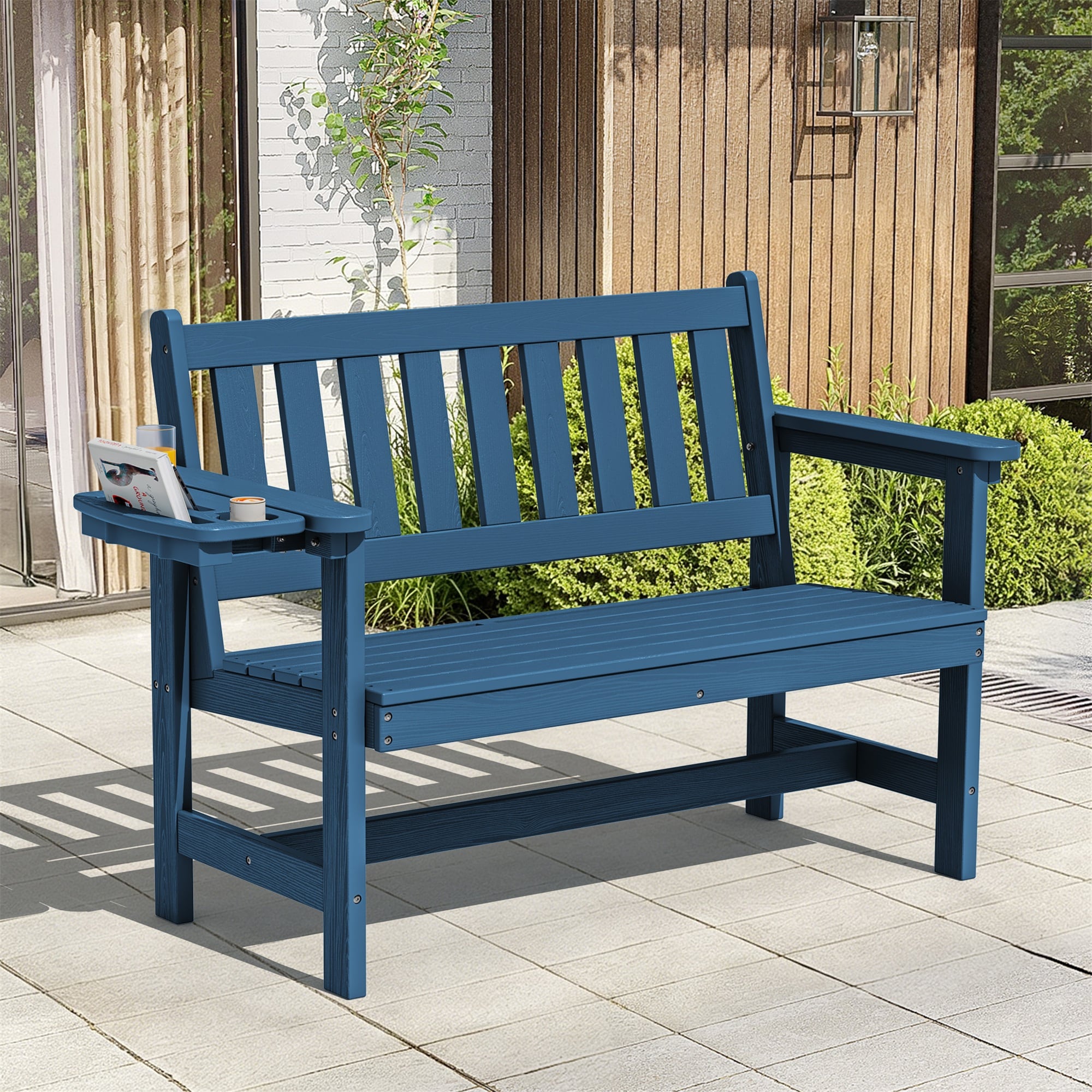 Serwall 2 Person Navy HDPE Outdoor Bench with 562 lbs Weight Capacity plus Side Holder