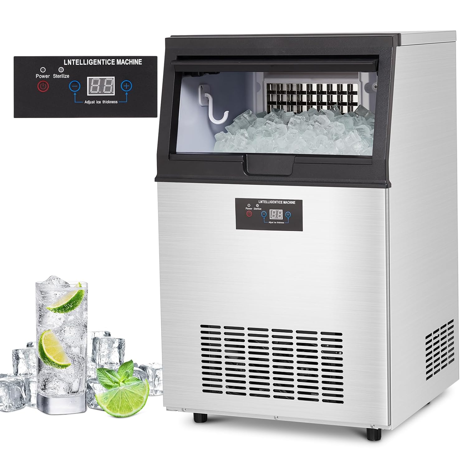Qeetex LHF-ZBJ-PHO-0YHJ6D1U Commercial Ice Maker Machine - 130 lbs/Day - Stainless Steel Under Counter Ice Machine with 40 lbs Storage - Adjustable Ice Sizes - Freestanding Ice Maker for Restaurants/Bars/Kitchens