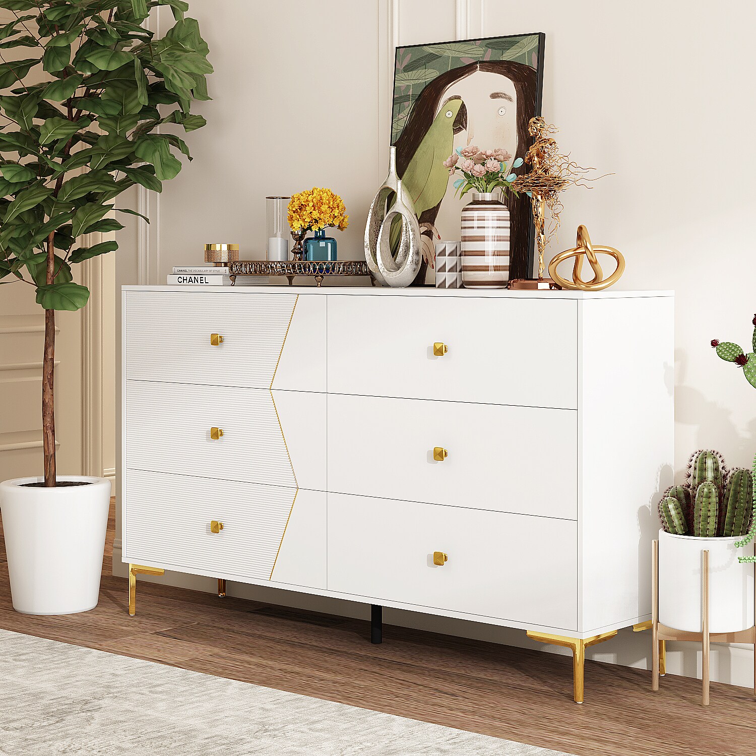 FUFU&GAGA Contemporary White Composite 6-Drawer Double Dresser, Modern ...