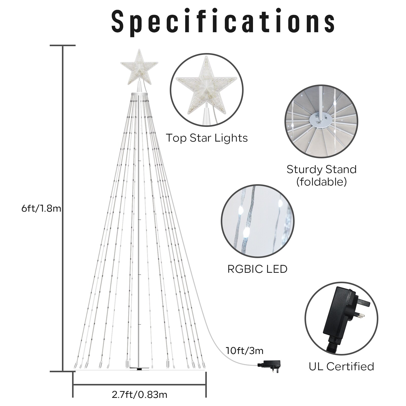 Brightown LED Christmas Cone Tree Light with Star Topper, 6ft 265 LED  Outdoor Lightshow Christmas Tree with 8 Modes Remote, Dimmable Artificial