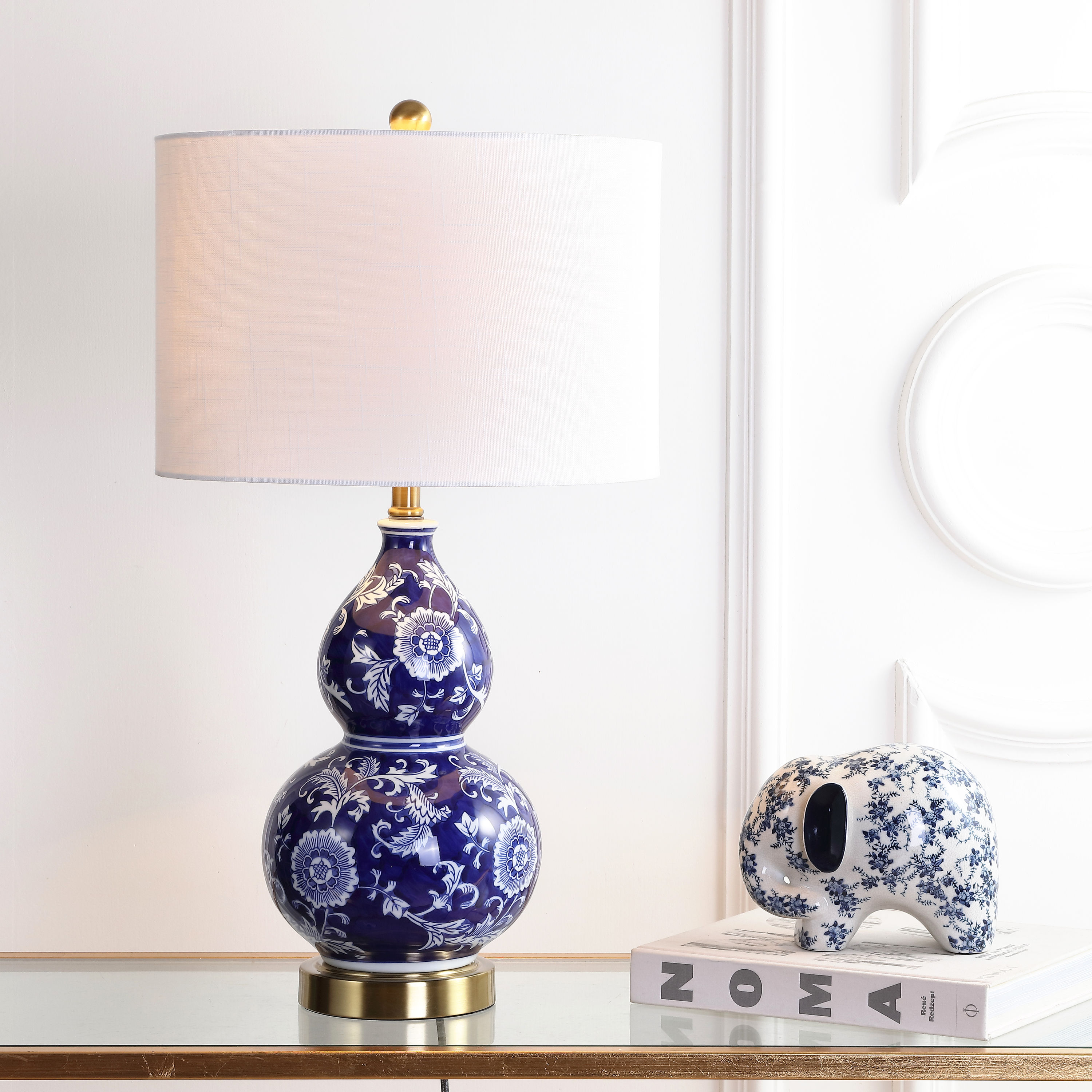 JONATHAN  Y JYL3003A Lee Chinoiserie Floral Ceramic 27-in Brass Gold LED Incandescent Rotary socket Table Lamp with Linen Shade