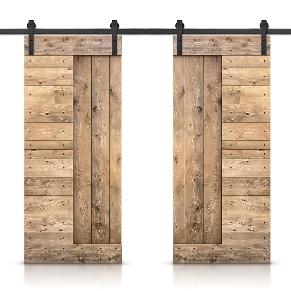 CALHOME MK96(2+N2-38LB(2+CN 76-in x 84-in Light Brown Pine Wood Solid core Double Barn Door (Hardware Included)