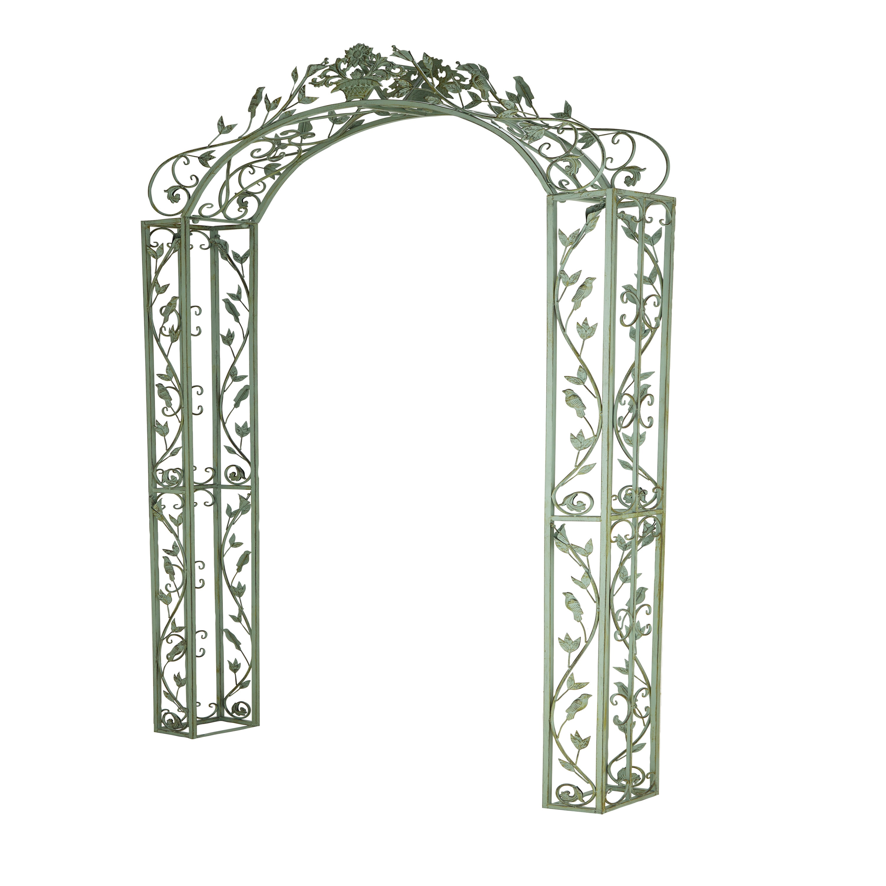 Green Wrought Iron Scrollwork Arched Garden Arbor with Bird Sculptures