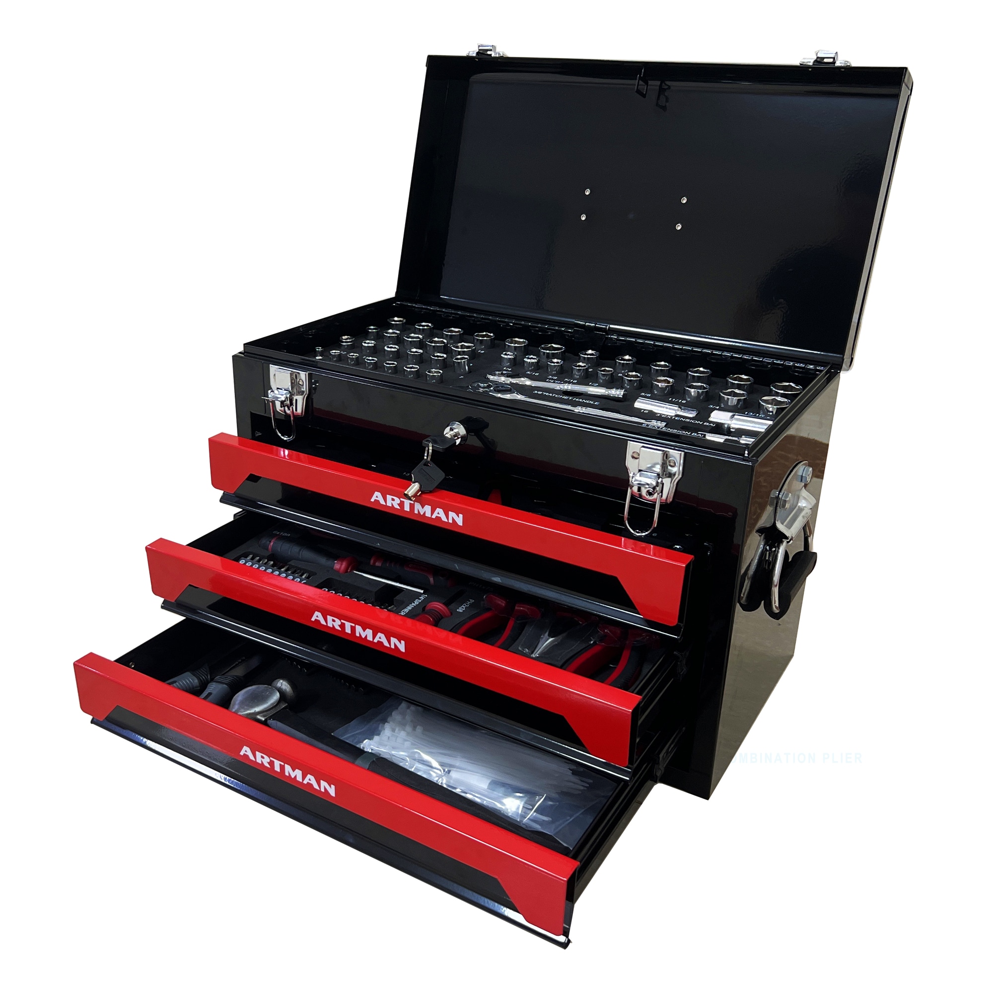 Wooakway 20 in Portable 3-Drawer Steel Toolbox 4 Layers of Tools with Metal Latches with Top Storage Tray and carrying Handle Multi-Function Tool Storage for Garage Home or Workbench Black Red