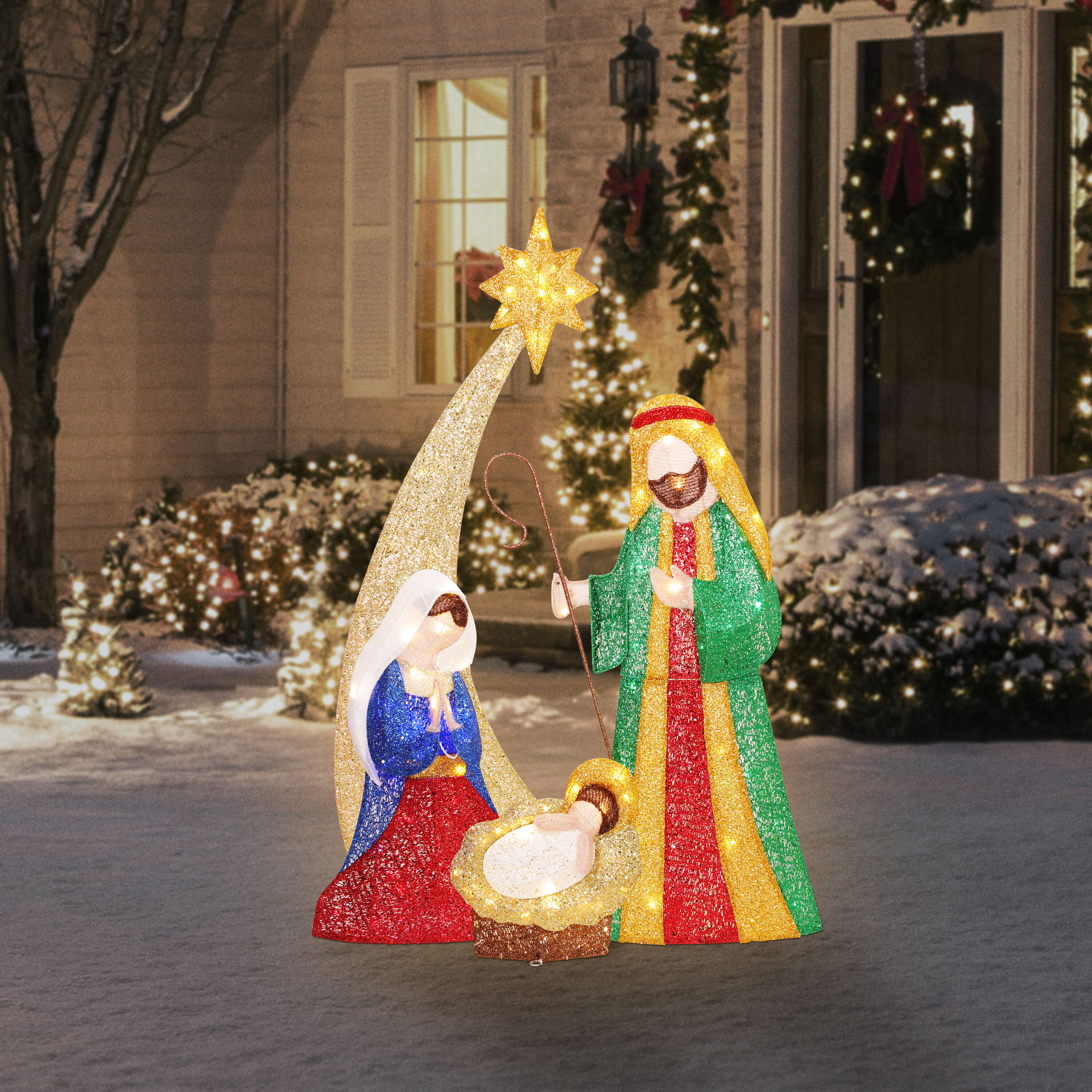 Holiday Living 4-ft LED Holy Family Nativity Scene in the Outdoor ...