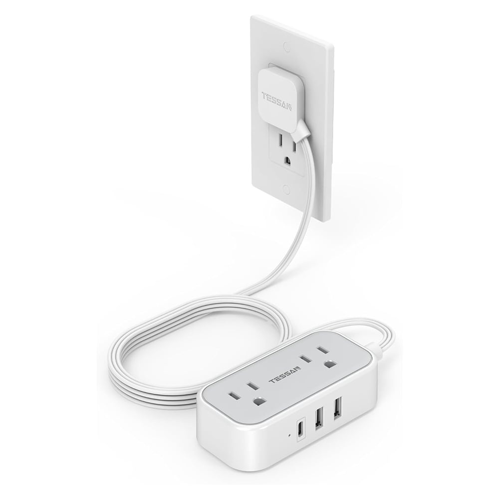 LENCENT Flat Plug Power Strip 5 ft Slim Extension Cord with 2 Outlets 3 USB Ports 1 USB-C