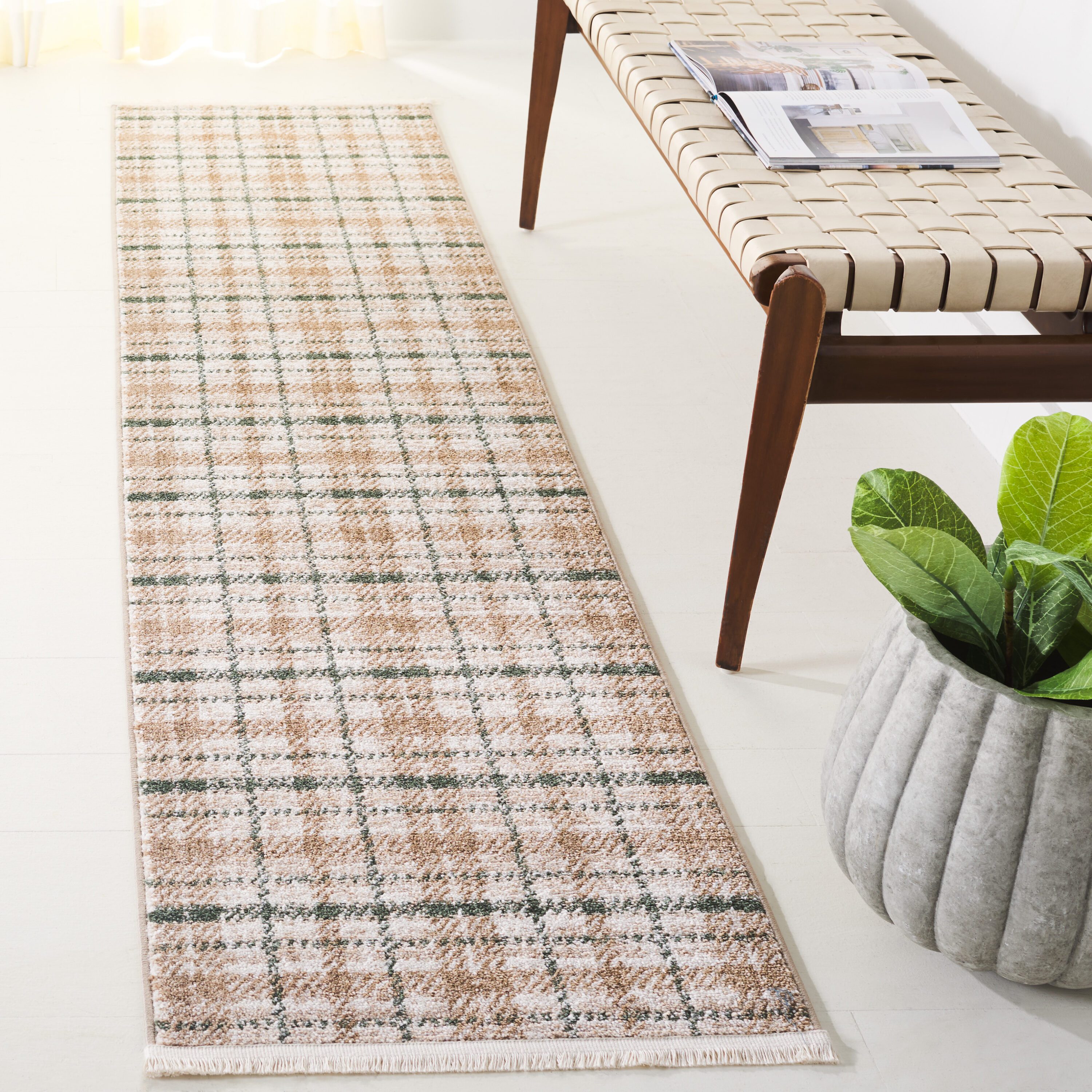 Oxford Plaids 304Y Beige / Green 2 X 8 Rectangular Runner Rug