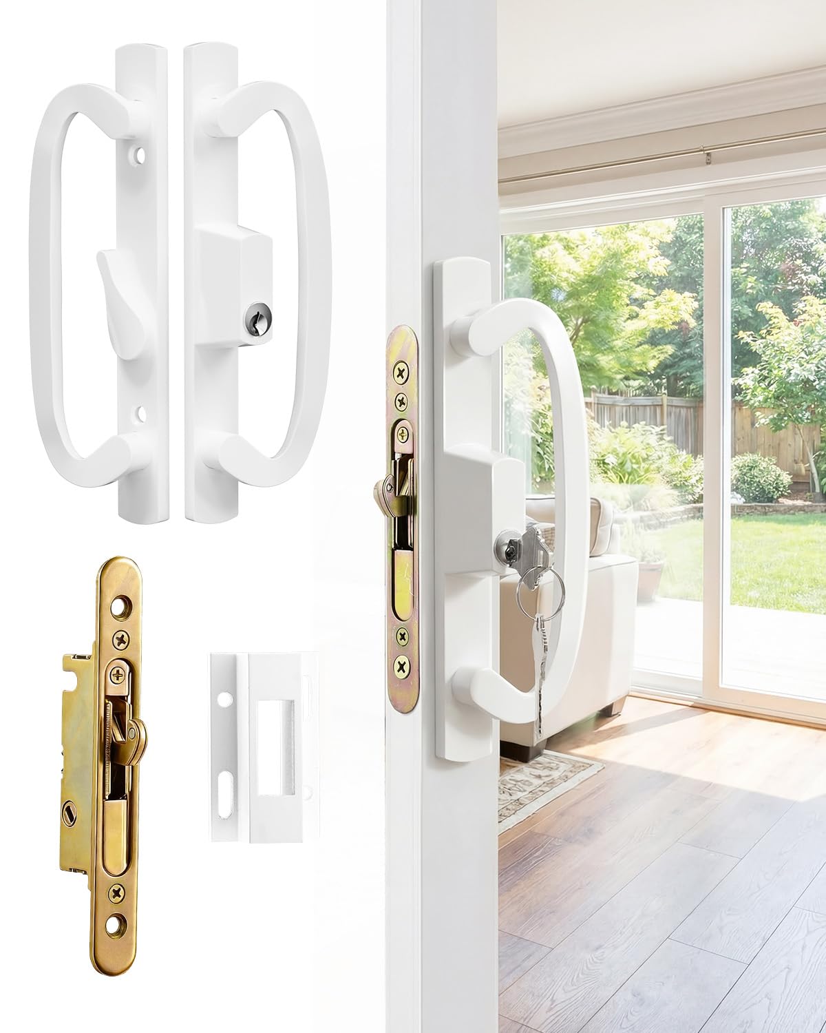 LILILIAN FMY  Keyed Sliding Patio Door Handleset 45 Degree Keyway 3-15/16 H C Fits 1-3/8 to 2 Inch Thick Doors Non-Handed White Diecast Offset