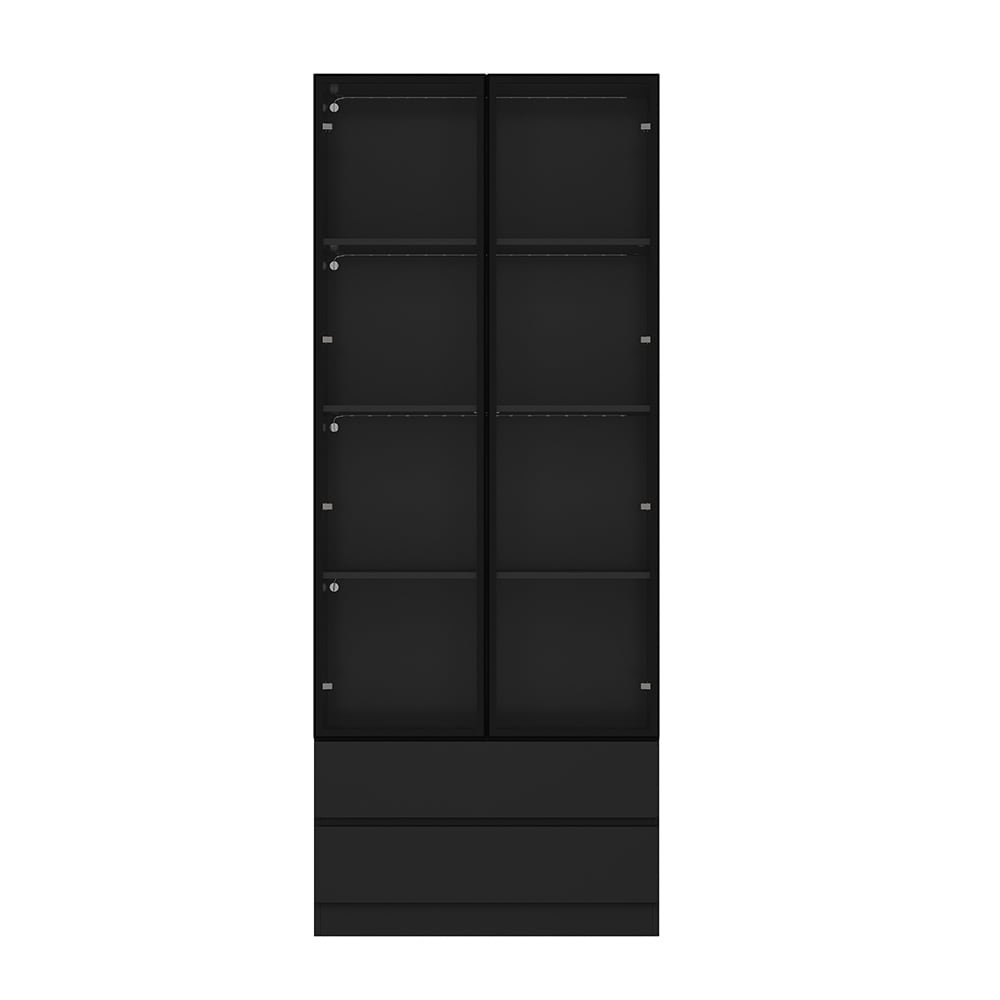 Tall Black Bookcase with Glass Doors and Drawers Modern Display Cabinet with LED Light and Aluminum Frame for Living Room Office or Study #V-KF020375-01