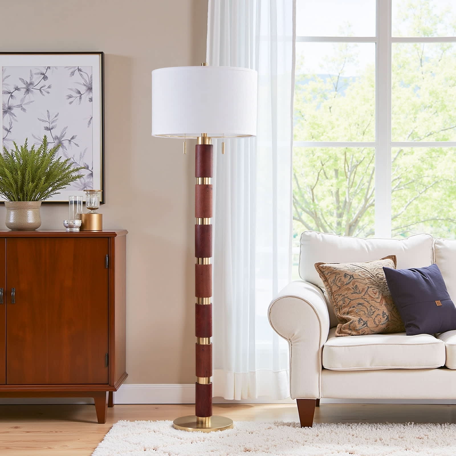 BIGHOUSE - 64'' 2-Light Floor Lamp With Pure White Linen Shade Independent Dual Pull Chains Contr...