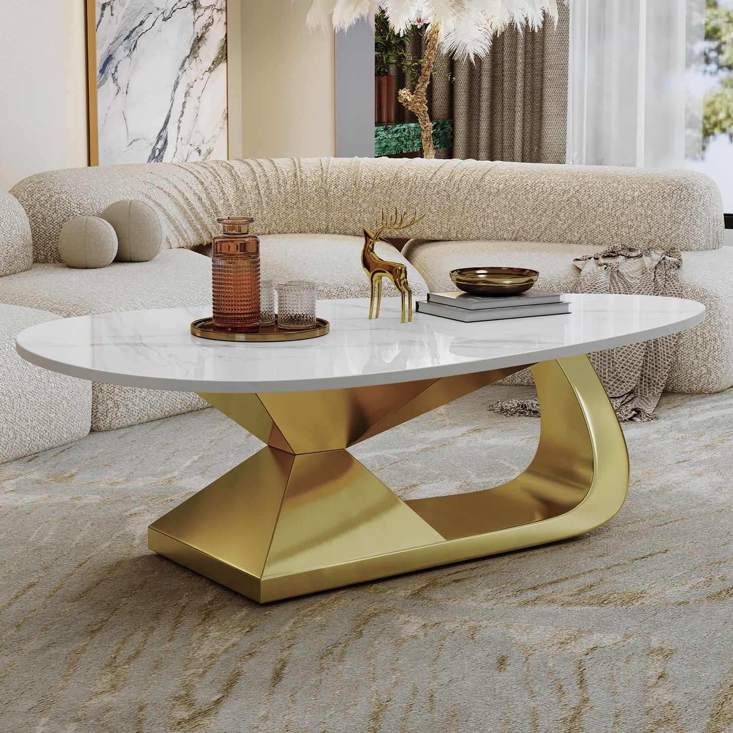 GZMR Modern Oval Faux marble White 51.2-in W x 15-in H Coffee