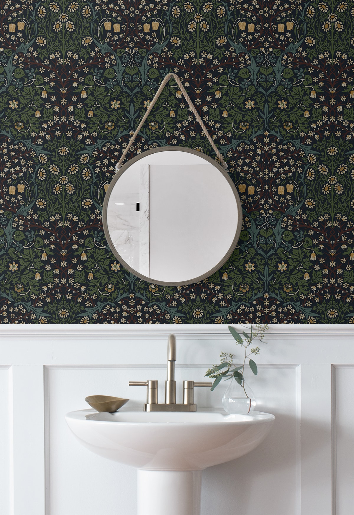 Midnight Blue and Evergreen Damask Floral Peel and Stick Wallpaper