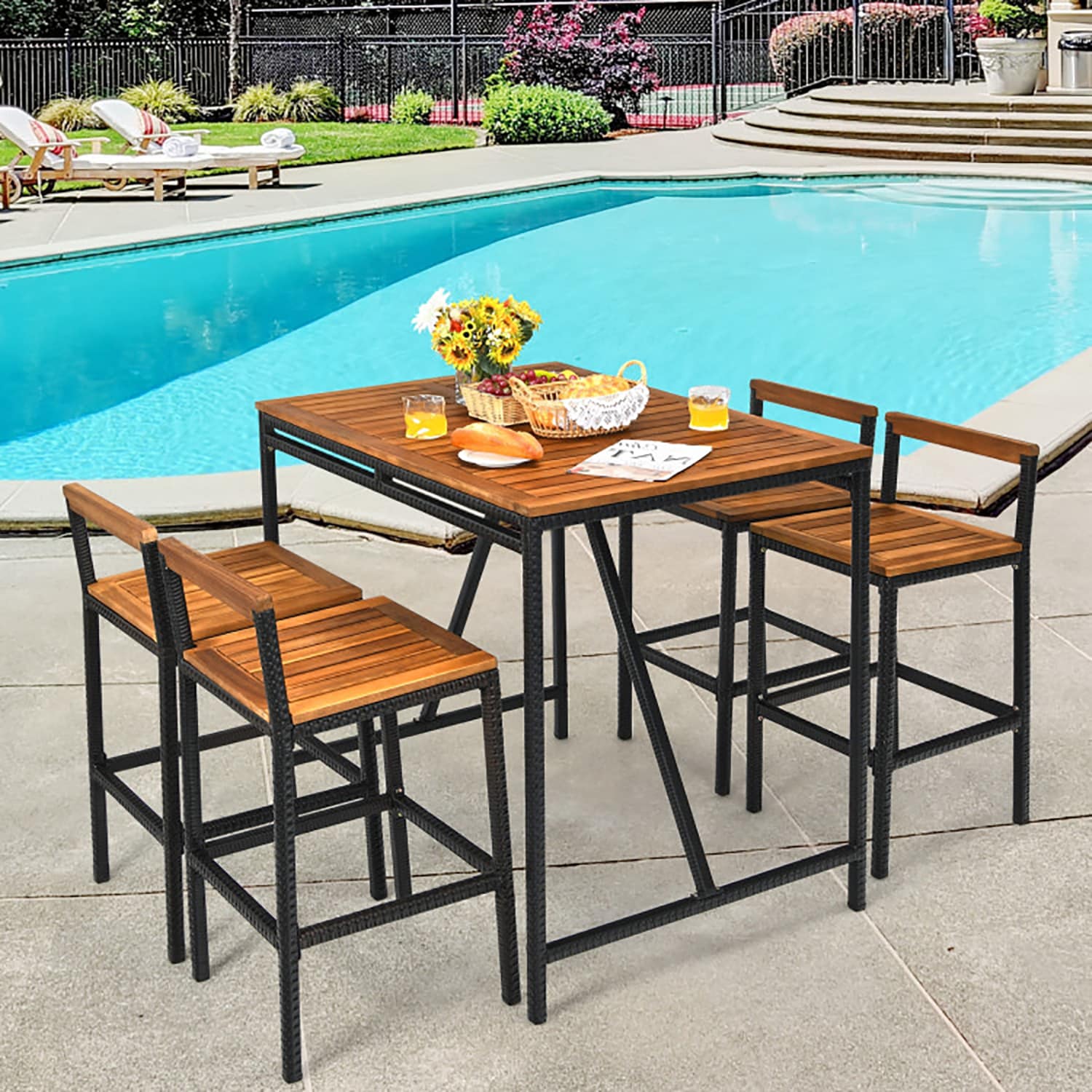 GZMR GZ-W1093BL 5 Pieces Outdoor Acacia Wood and PE Rattan Bar Set 5 -Piece Black Rattan Bar Height Patio Dining Set Steel Rectangle Table with 4 Stationary Chairs