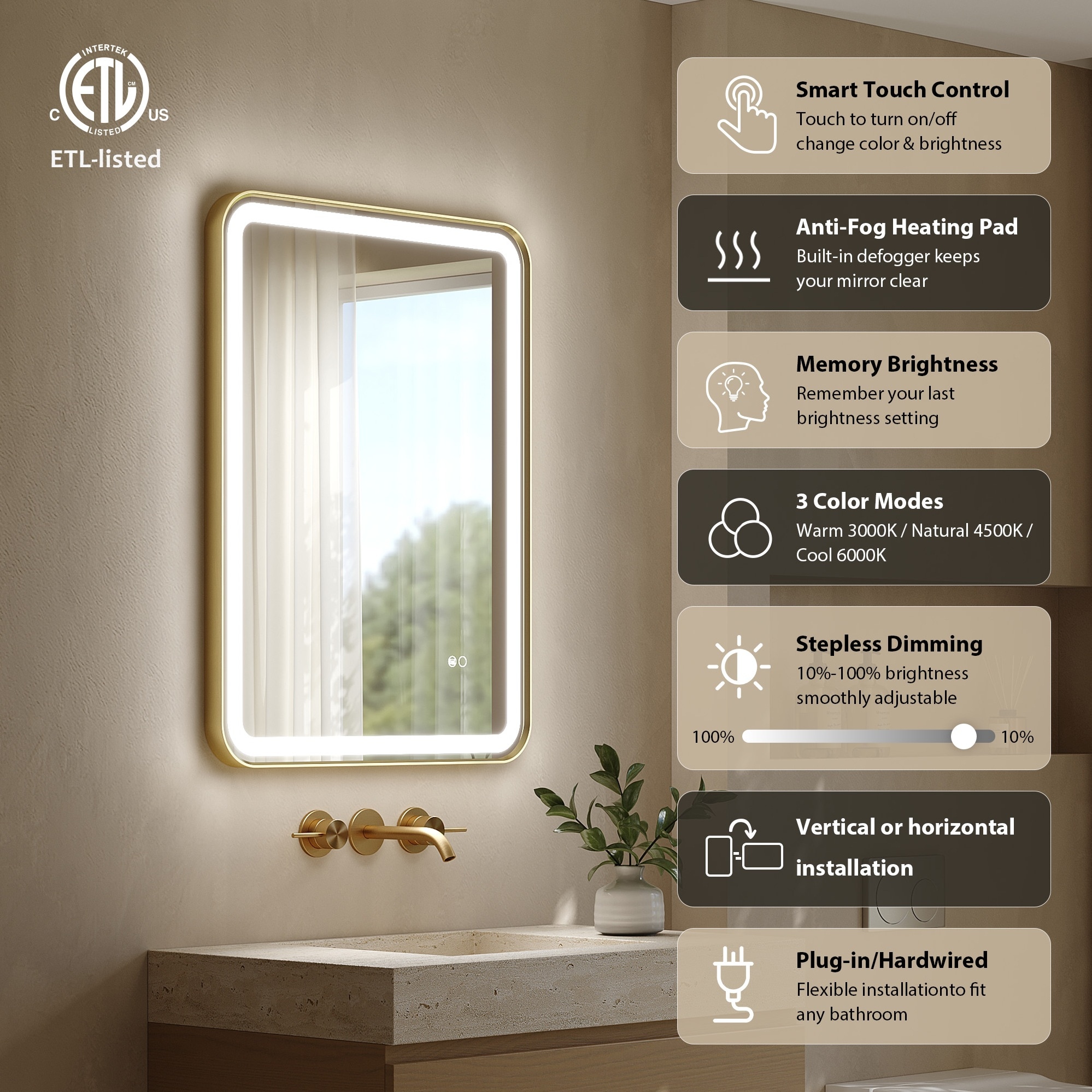 Gtnali 24-in W x 32-in H Brushed Gold Rectangular Anodized Aluminum ...