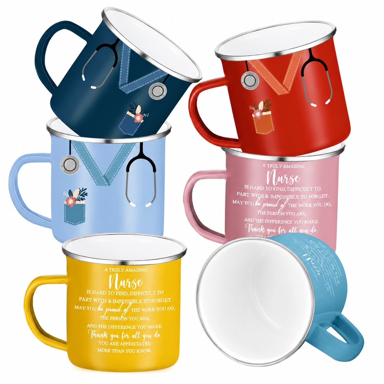 Aoibox  12 oz Multicolor Steel Enamel Motivational Nurse Appreciation Coffee Mugs with Handles 6 Piece Set