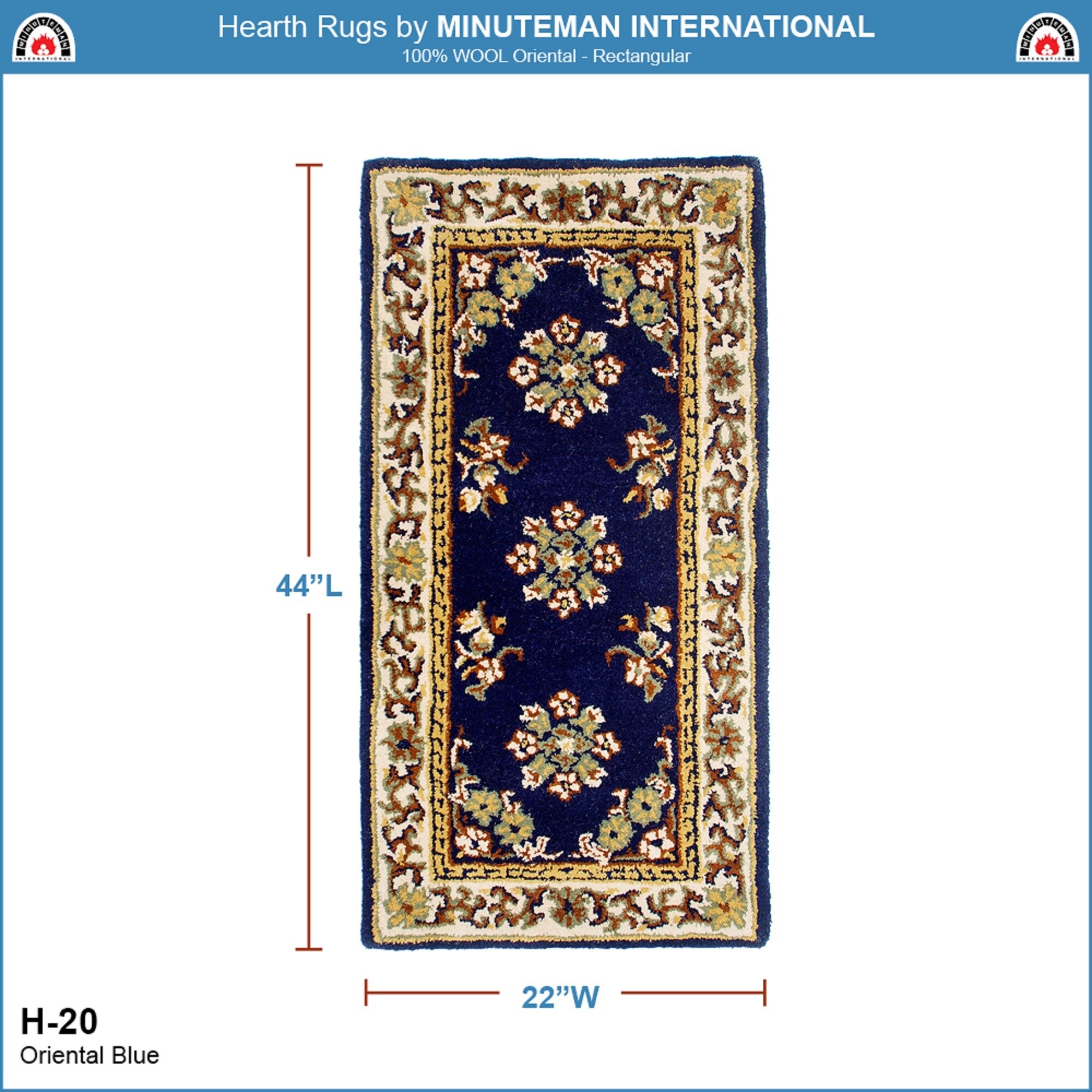 Blue Oriental Wool Rectangular Hearth Rug