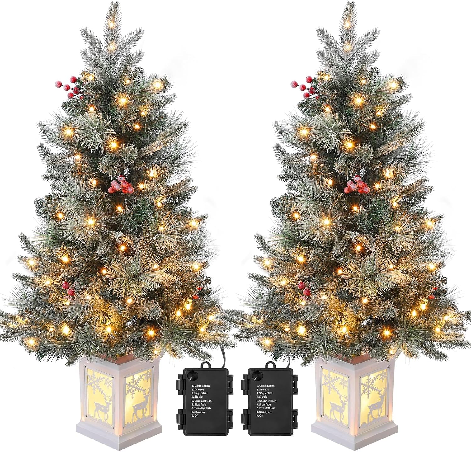 Aoile 2-Pack 3ft Frost White Pre-Lit Tabletop Holiday Trees with Reindeer Lightbox