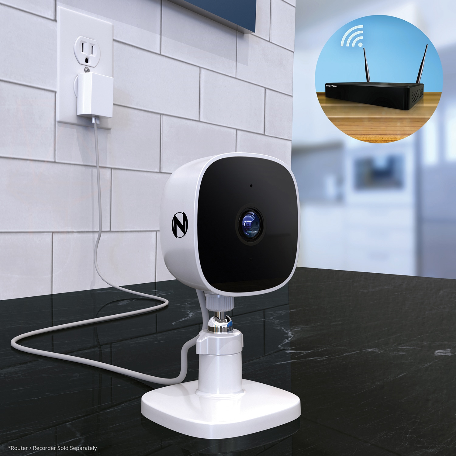 White Wireless Indoor Security Camera with Night Vision and Audio