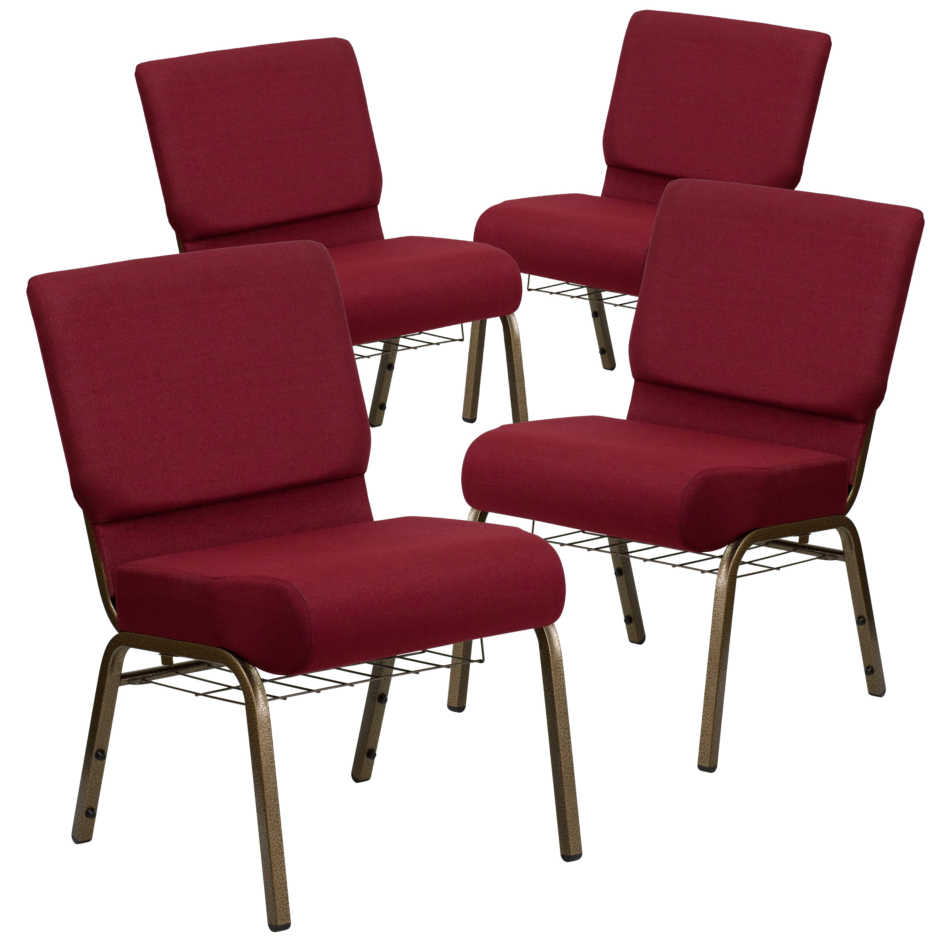 Flash Furniture 812581012897 4 Pack HERCULES Series 21-in W Church Chair in Burgundy Fabric with Cup Book Rack - Gold Vein Frame