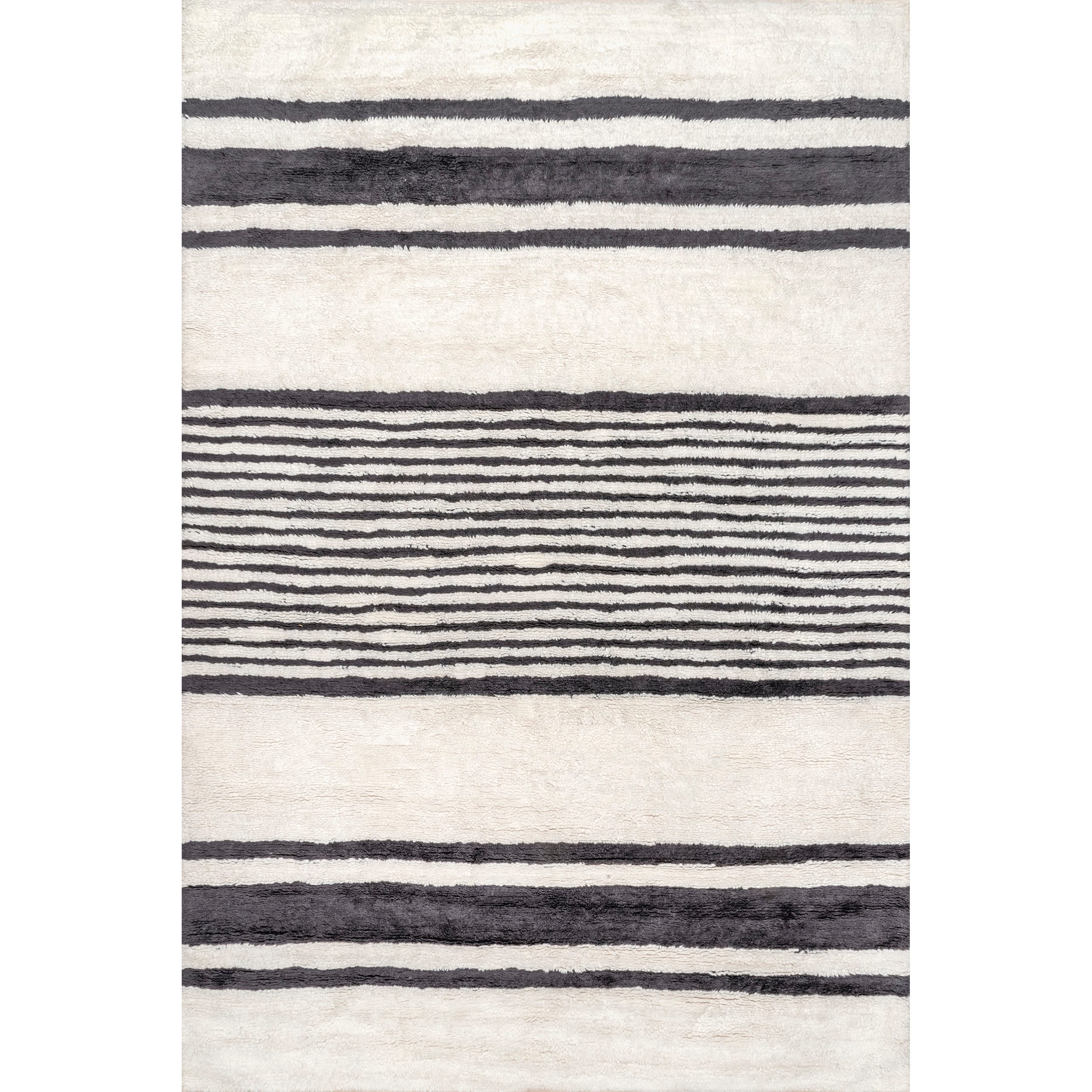 Ivory and Black Striped Wool Washable 4' x 6' Area Rug