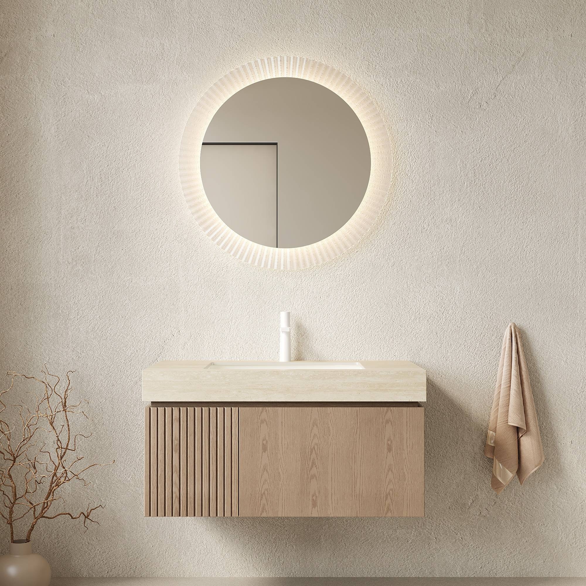IAK - 36 inch Heidelberg Woodgrain Floating Plywood Bathroom Vanity with Roma Travertine Sintered...