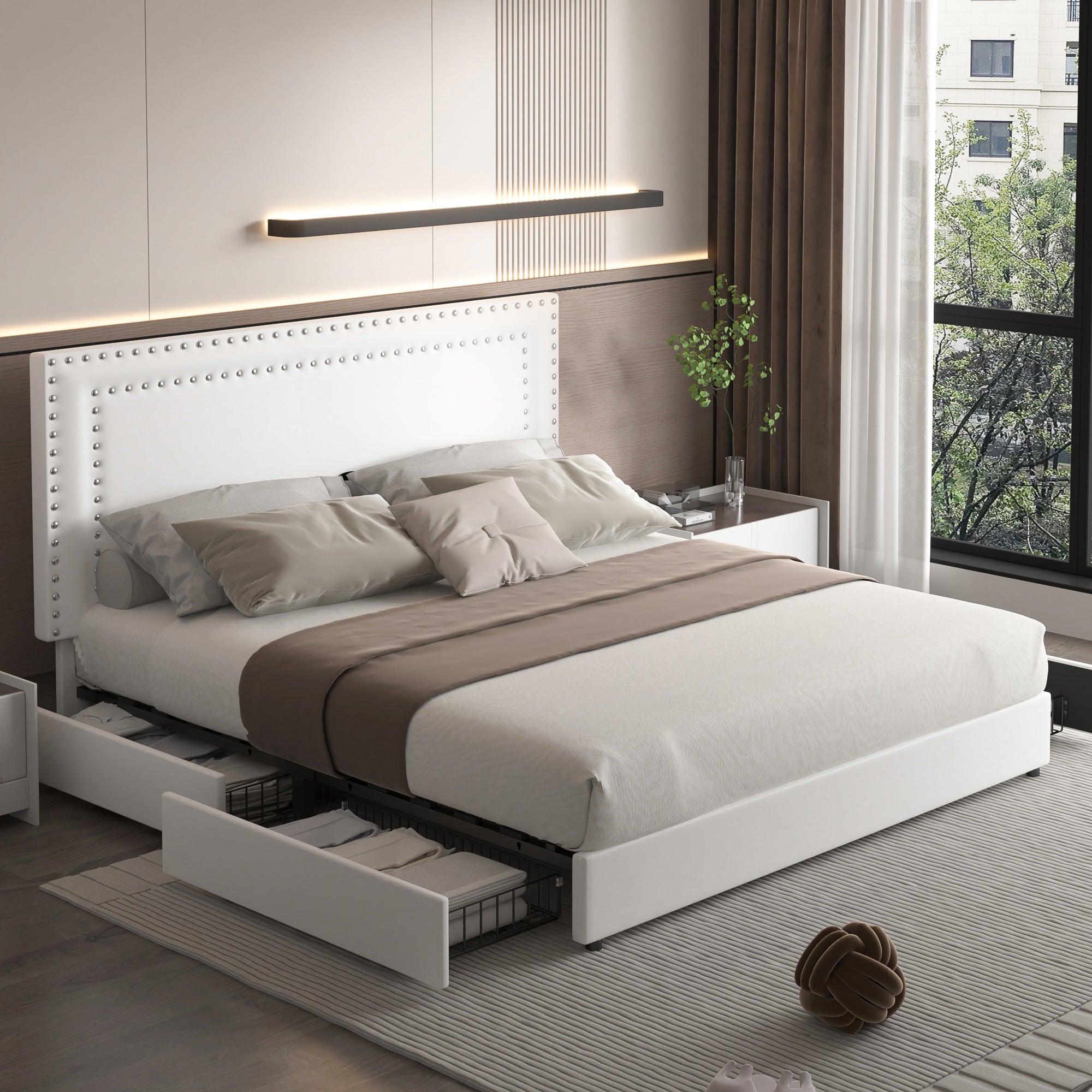 Vecelo LOE-CY-FB05-UP-WHT Full Velvet Upholstered Platform Bed Frame with Four Storage Drawers and Adjustable Headboard White