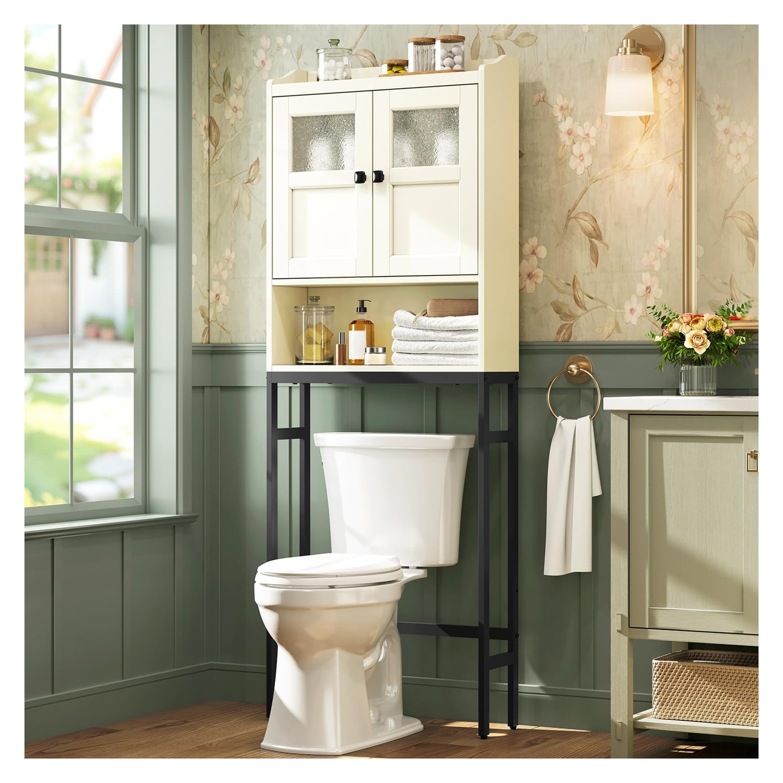 Yichuhaoxi  Over The Toilet Storage Cabinet with Double Doors and Soft Hinges Bathroom Organizer Cream White durable home and garden accessory