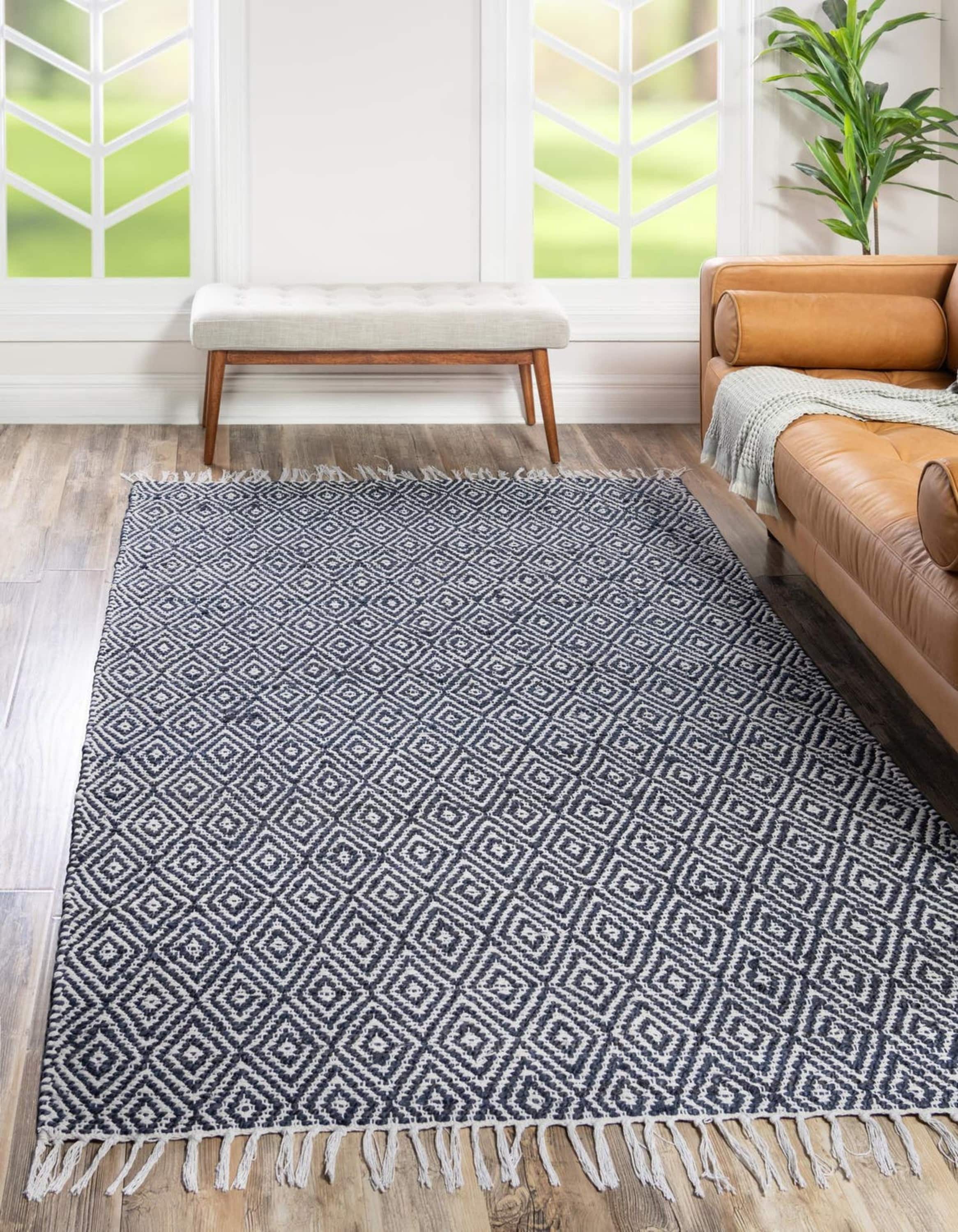 Unique Loom 3188391 Chunky Jute 8 x 10 (ft) Braided Cotton White Navy Rectangular Indoor Trellis Area rug