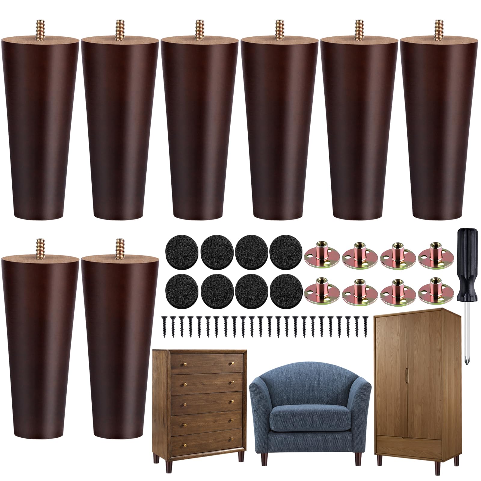 Wudkey 8-Pack 6 in. Brown Round Solid Wood Furniture Legs with M8 T-Nuts Easy Installation for Sofa Chair or DIY Projects