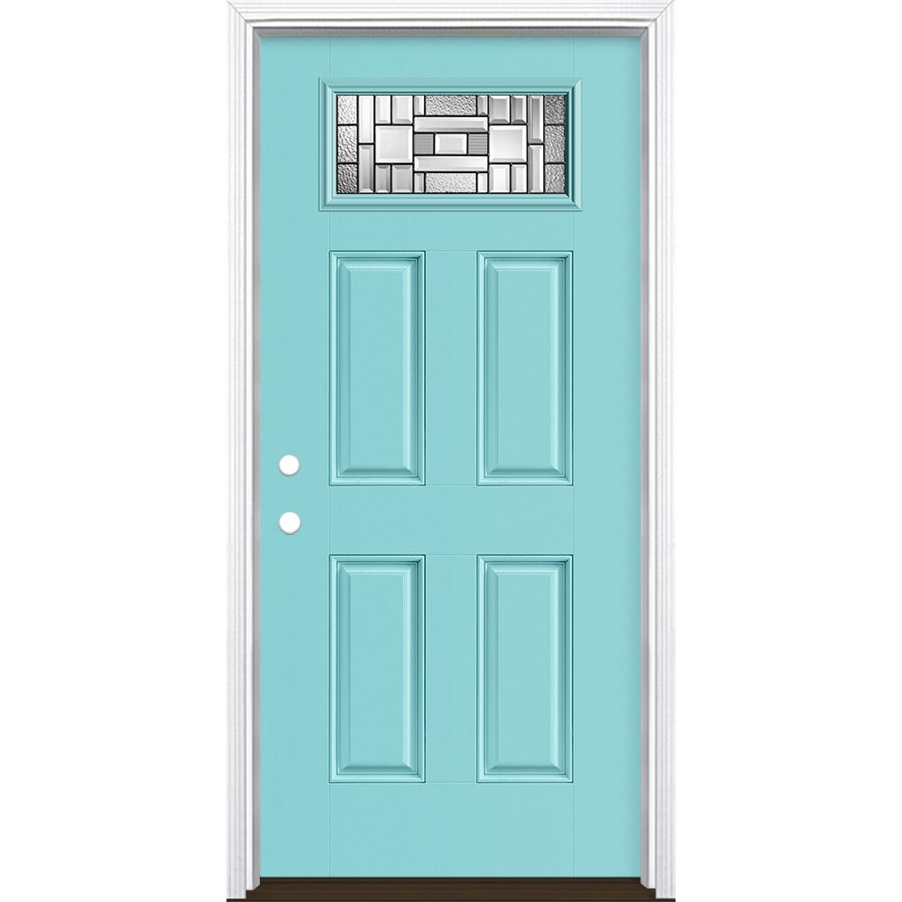 Masonite 3421330 Naples 36-in x 80-in x 4-9/16-in Fiberglass 1/4 lite Right-hand inswing Caribbean Blue Painted Prehung Single door Front Door with Brickmould Insulating core Decorative glass